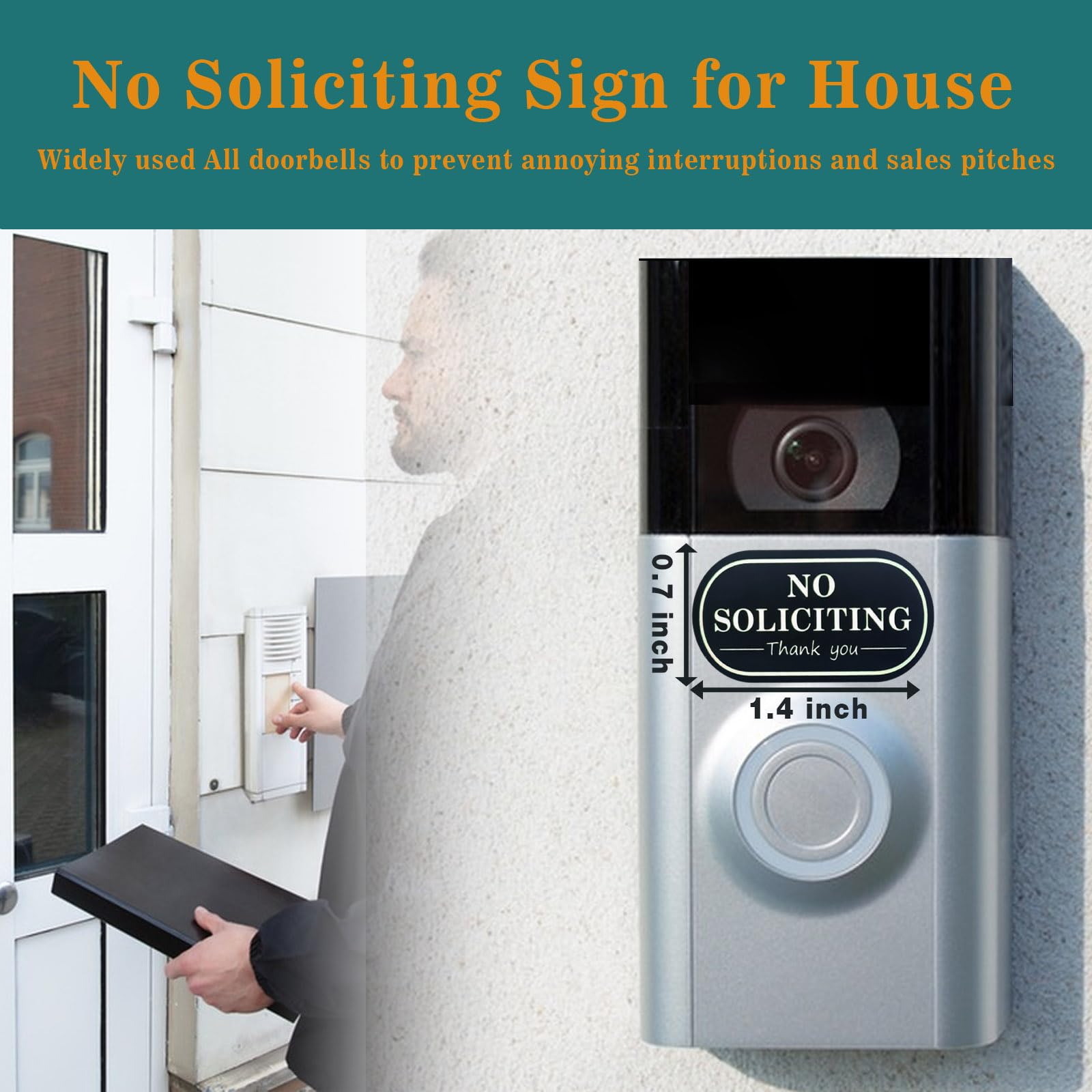 Small No Soliciting Sign for House,6 Pcs No Soliciting Sign,with Glow in The Dark Stickers,Tiny Size Perfect for Video Doorbell,Compatible with Most Doorbells 4