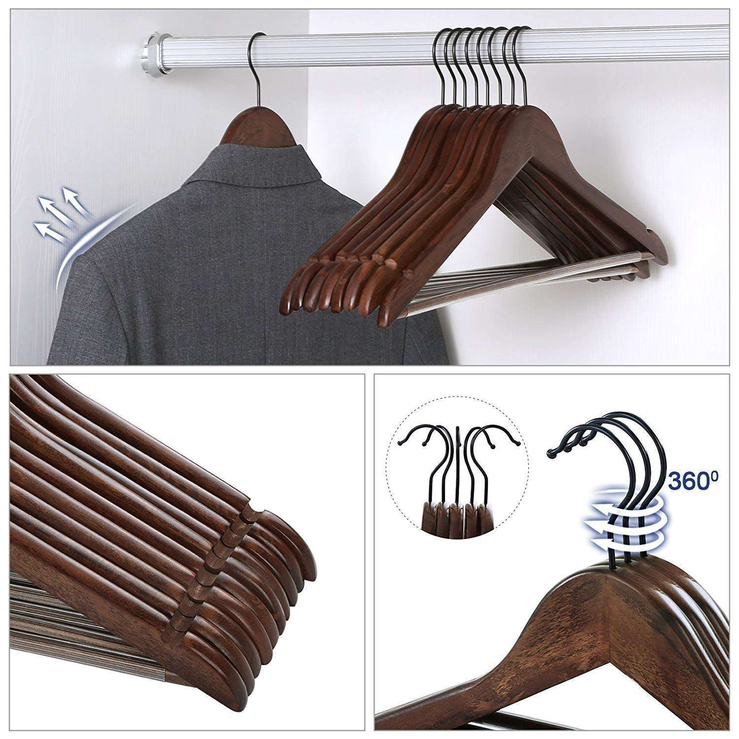 Evolluxi Lotus Wooden Hangers, Diwali Gift Hampers Solid Wood Shirt Hangers, Dress Coat Jacket Clothes Hangers, with Extra Smooth Finish, 360 Degree Swivel Hook(Retro) (Walnut, Pack of 12) 5