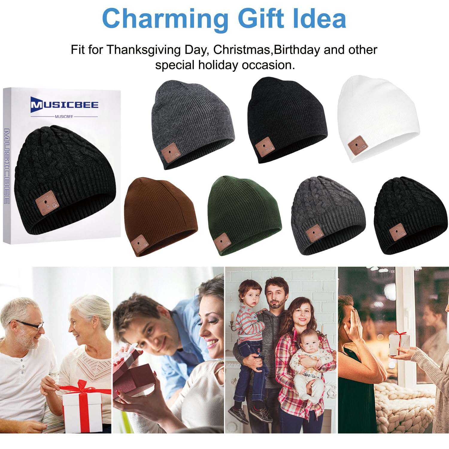 MUSICBEE Bluetooth Beanie，Bluetooth V5.2, 24 Hour Play time, Built-in Microphone and HD Stereo Speakers, Wool Lined for Outdoor Homes and Gifts - Neutral(Black 6