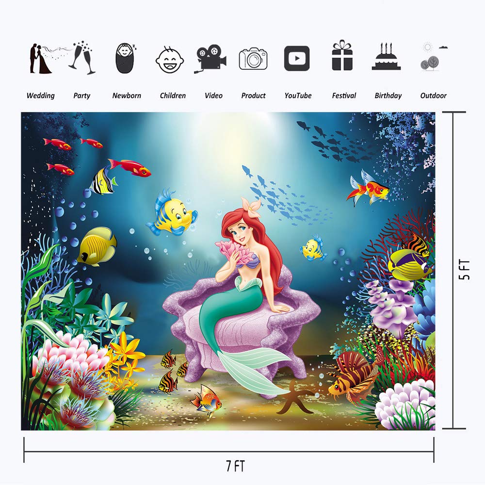 The Little Mermaid Ariel Photo Backdrop Baby Shower 7x5 Under The Sea Photography Background Mermaid Background for Bridal Shower Happy Birthday Backgrounds for Girls 3