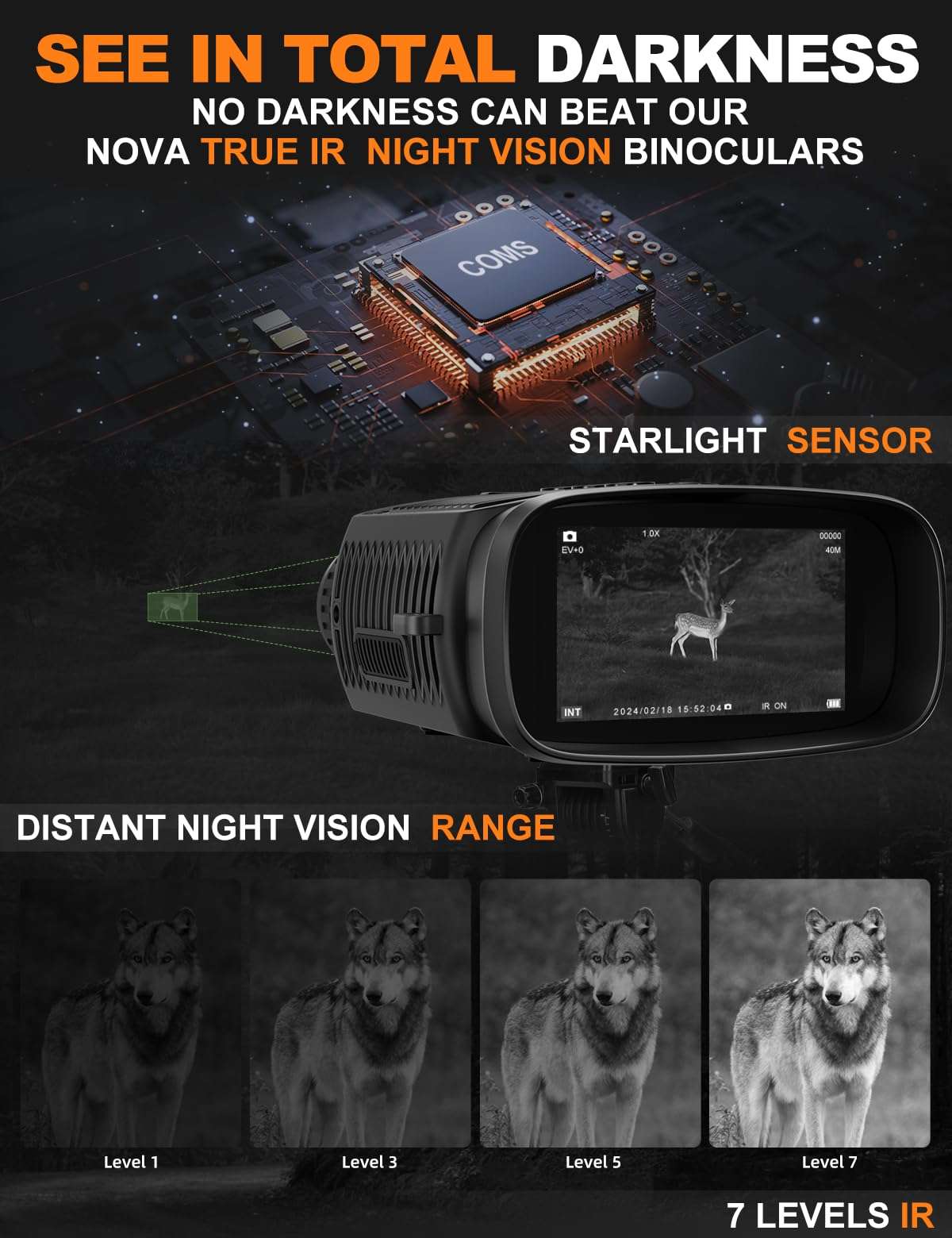 VISIOGEAR Night Vision Goggles - NOVA 4K Night Vision Binoculars for Adults, 3“ HD Screen Binoculars with 7 Levels Infrared 32GB Card Included Perfect for Camping & Security, Black 4