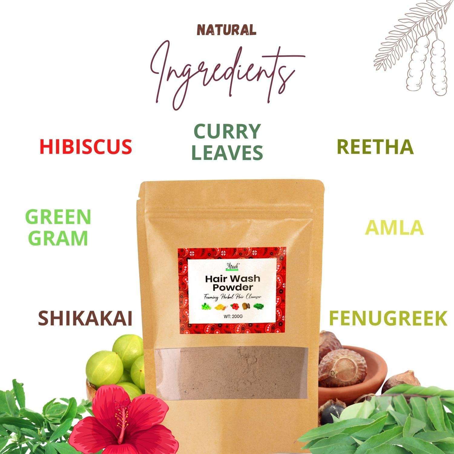 Araah - Herbal Hair Wash Powder Enriched With Natural Ingredients like Shikakai, Curry leaves and Hibiscus For Hair Growth, Healthy & Shining Hair - 200g 4