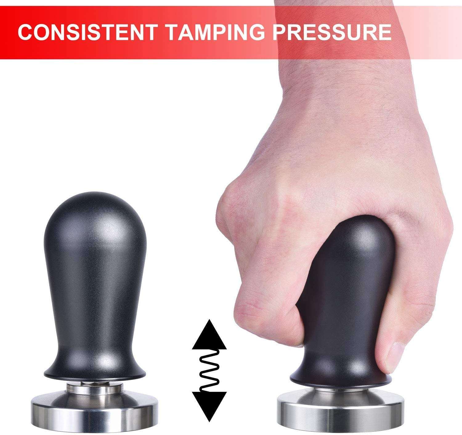 51mm Calibrated Espresso Tamper, Calibrated Coffee Tamper with Spring Loaded Anodized Aluminum Handle Stainless Steel Flat Base 5