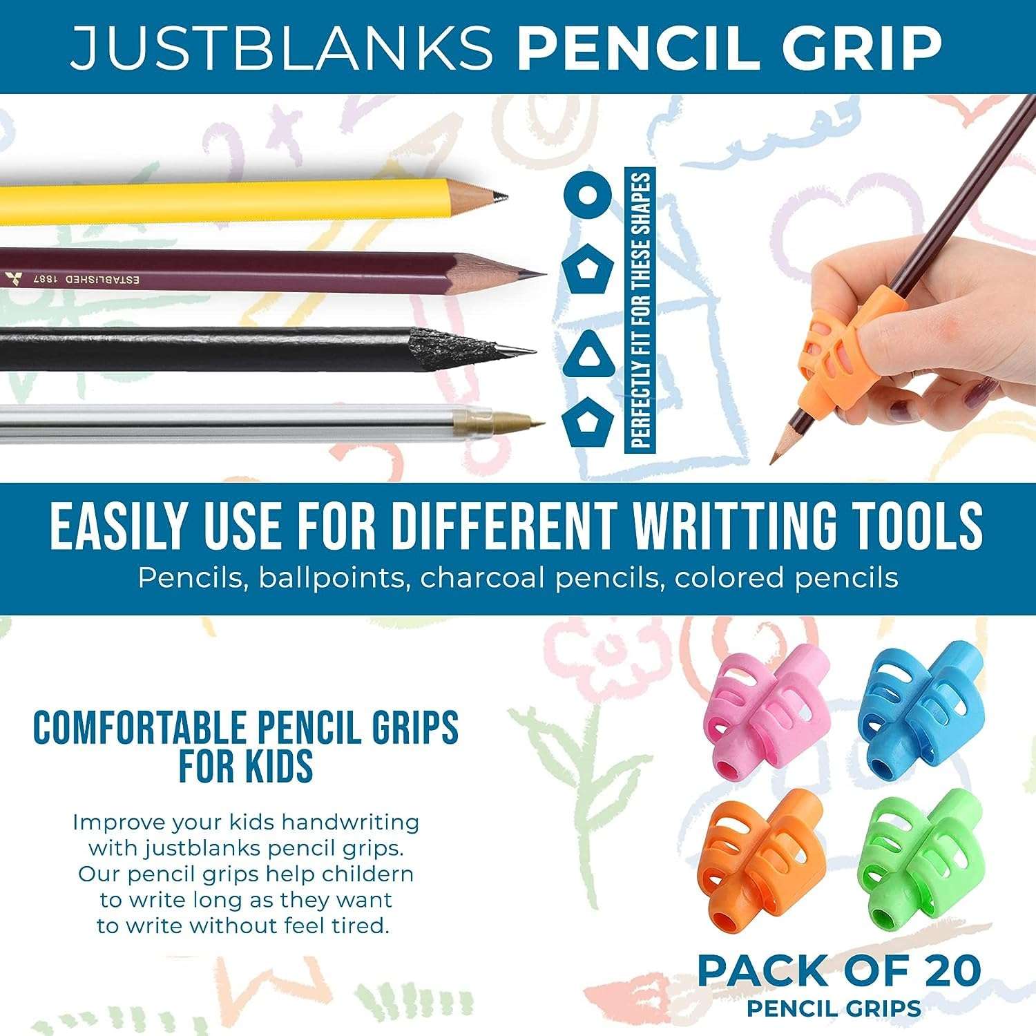 JustBlanks 20 Pcs Pencil Grips for Kids Handwriting - Pencil Holder for Kids, Pencil Grippers Writing Tool, Writing Posture Correction Tools for Toddlers, Preschoolers Special Needs for Classroom 4