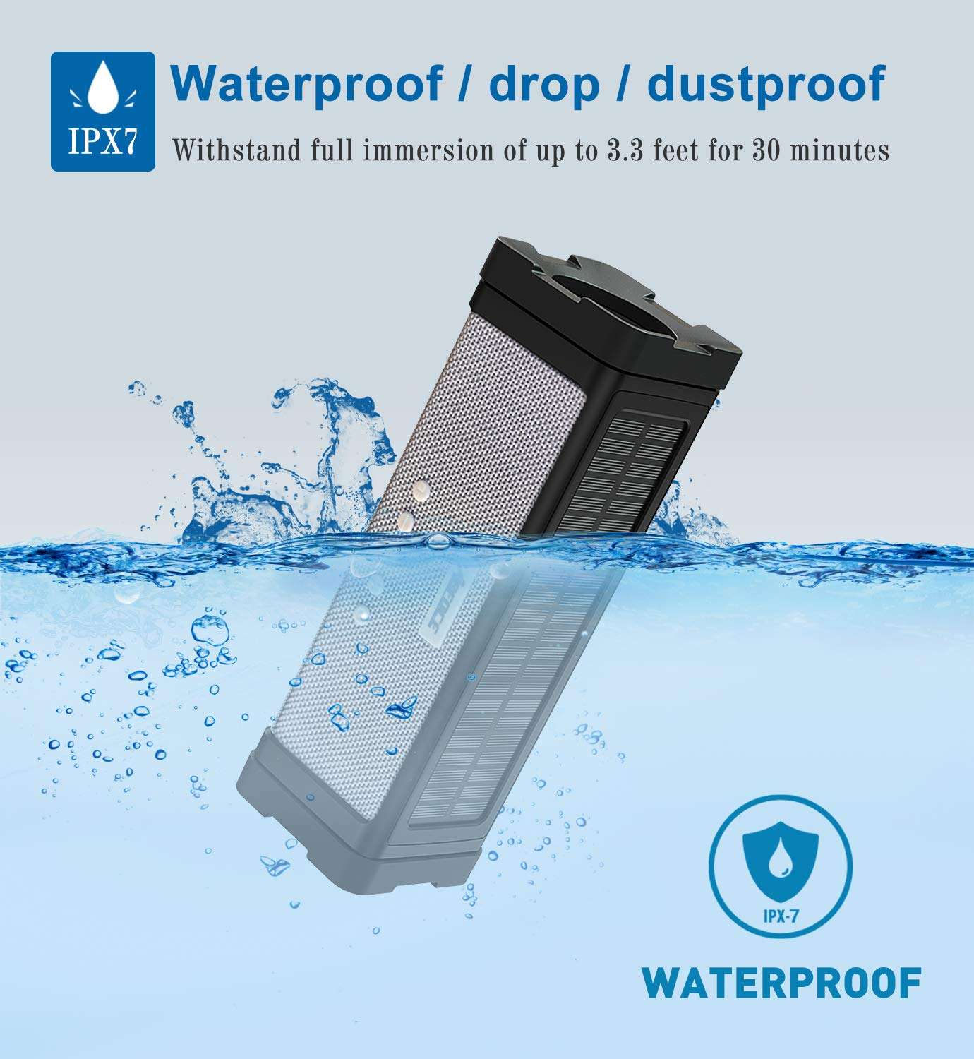 ABFOCE Solar Bluetooth Speaker,IPX7 Waterproof Portable 20W Rich Bass,with 27 LED Lights, 5000mAh Battery,Mic,TF Card,for Outdoor Shower Home-Black 3