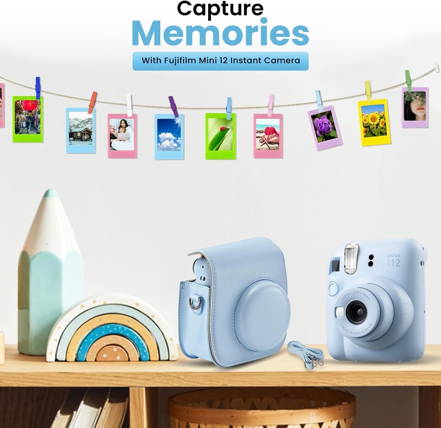 Fujifilm Instax Mini 12 Instant Camera Bundle - Includes 20 Shots Film, Custom Case, Deluxe 60-Pocket Photo Album & BluebirdSales Accessories - Auto Exposure, Selfie Mirror, Pastel Blue 2