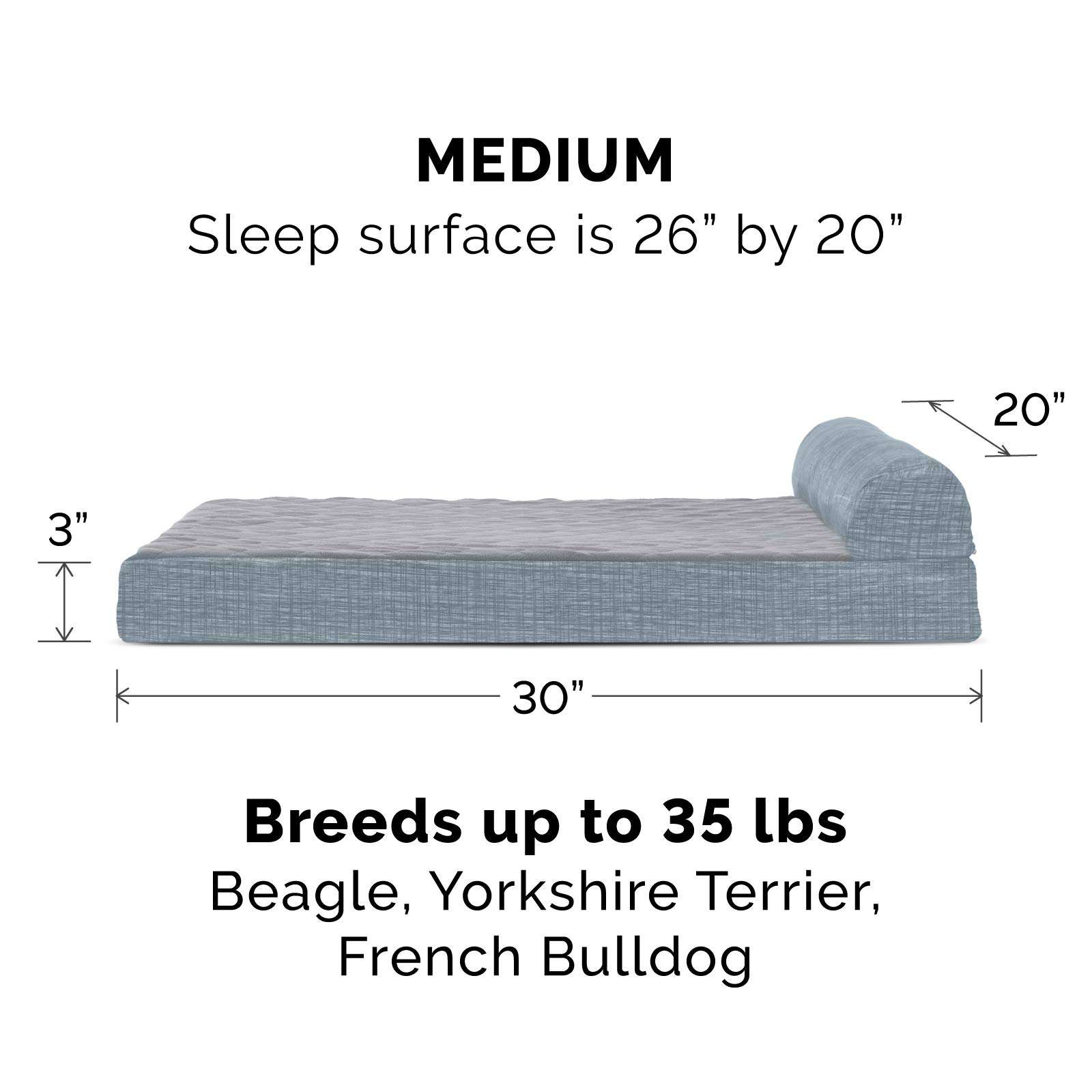 Furhaven Pet 43339287 Medium Quilted Fleece & Print Suede Chaise Lounge Orthopedic Sofa Pet Bed, Titanium 2