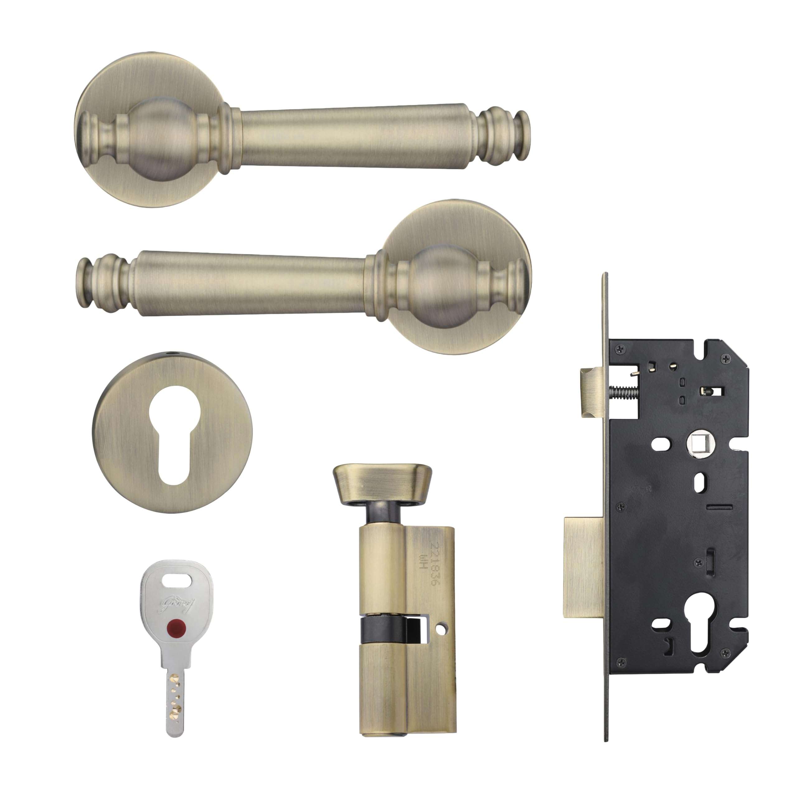 Godrej Mortise Lock|Handle Lock Set for Main & Bedroom Door|HDH 12 Brass Home Décor Handle|Satin Steel Finish|10 inch Lockbody|60 mm Cylinder Key Outside& knob from Inside 4 Keys |5 Years Warranty 1