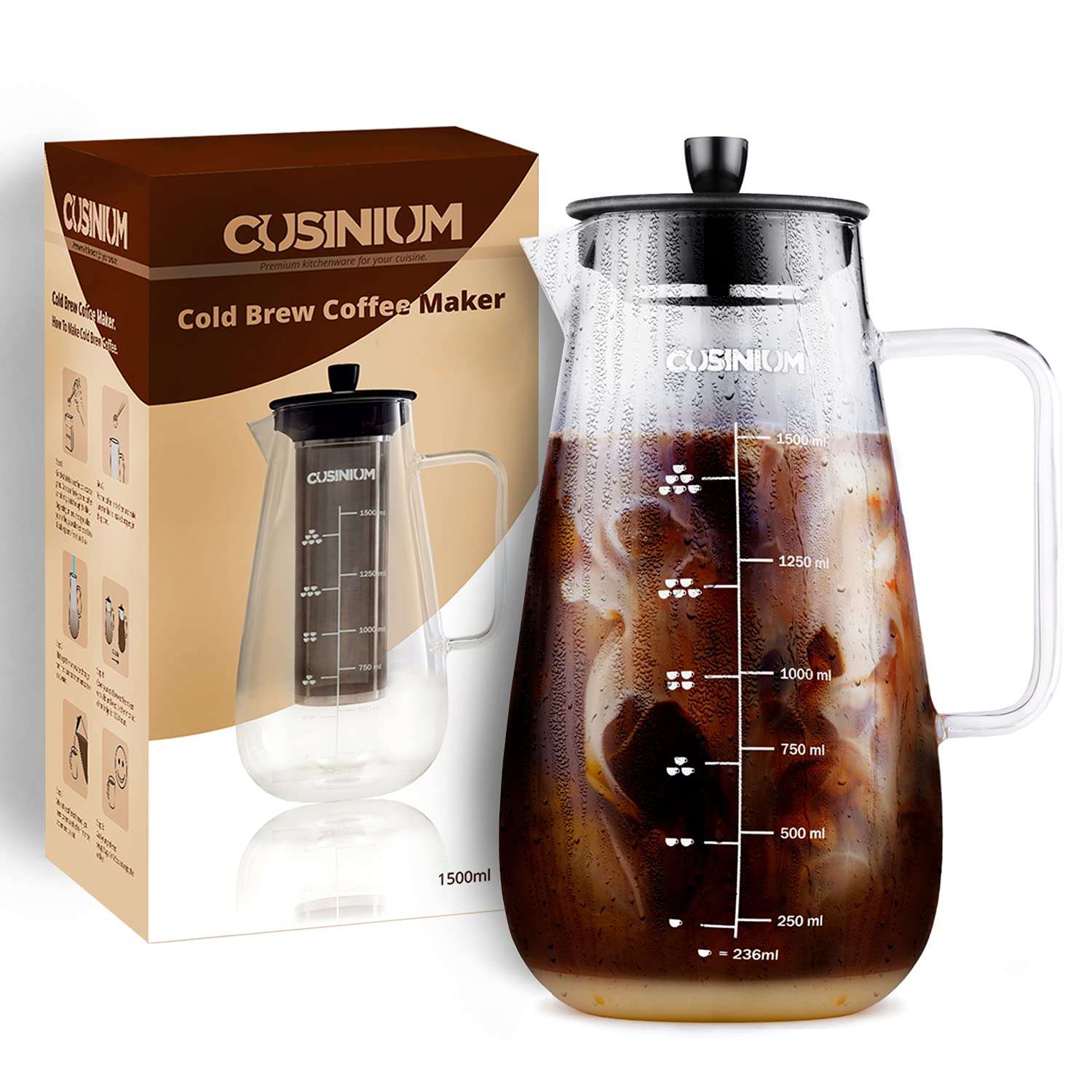 CUSINIUM Large Cold Brew Coffee Maker - 1.5 Quart Iced Coffee Maker - Glass Coffee Carafe With Removable Stainless Steel Filter - Fruit infuser pitcher 6