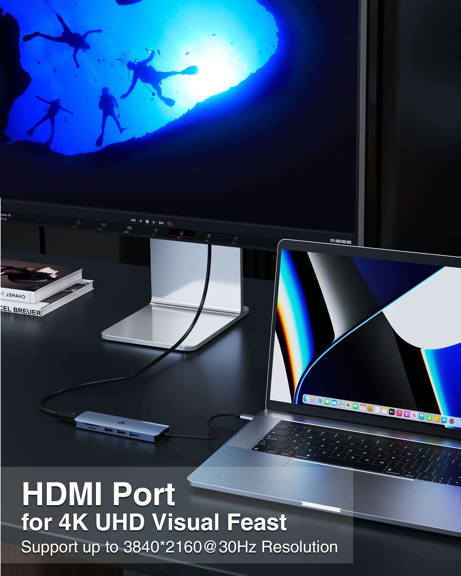 USB C Hub, 6 Ports Multiport Hub Adapter with 4K HDMI, USB 3.0/2.0 Ports, SD/TF Card Reader, Dual Display USB C Adapter Dongle for USB C Laptop and Tablet, ohter Devices 5