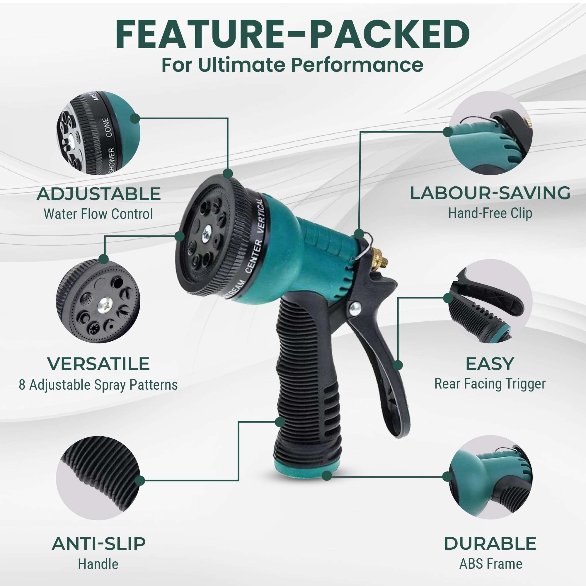 Roots and Leaf 10M 0.5 Inch Braided PVC Garden Hose Pipe with 8 Pattern Spray Gun with 4 Clamps and tap Adaptor - Green | Heavy Duty Water Pipe for Garden, Car Washing, Garden Pipe for Home 3