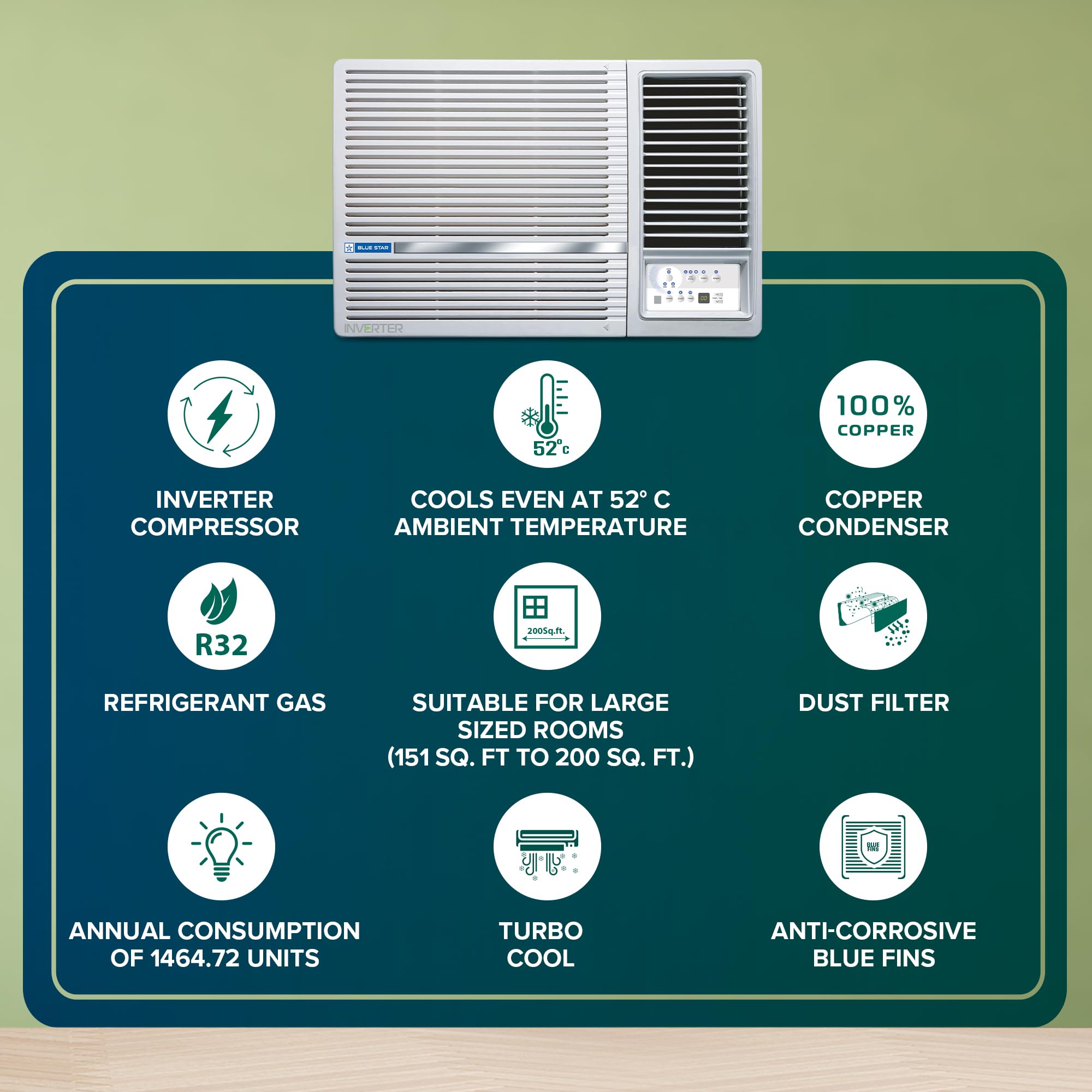 Blue Star 2 Ton 3 Star Inverter Window AC (Copper, Turbo Cool, Fan Modes-Auto/High/Medium/Low, Hydrophilic Blue Fins, Dust Filters, Self-Diagnosis, 2024 Model, WID324L, White) 3