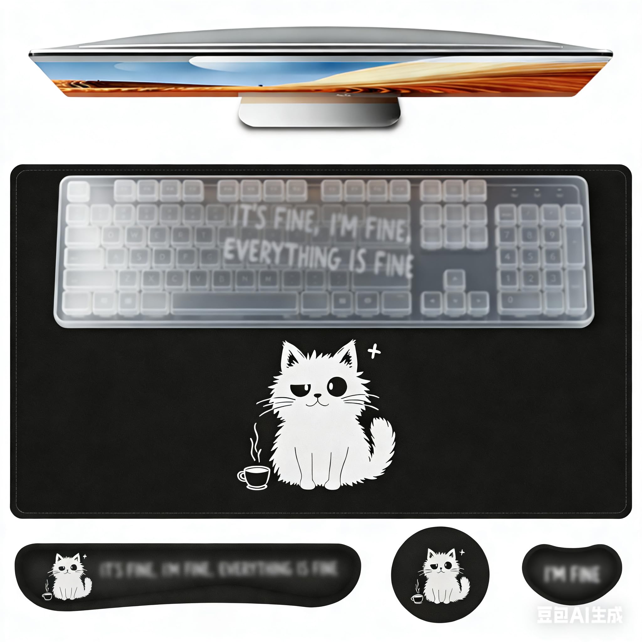 Desk Mat Set, Large Gaming Mouse Pad with Wrist Rest,Ergonomic Mouse Pad,Home Office Desk Accessories Decor Supplies(Cat)