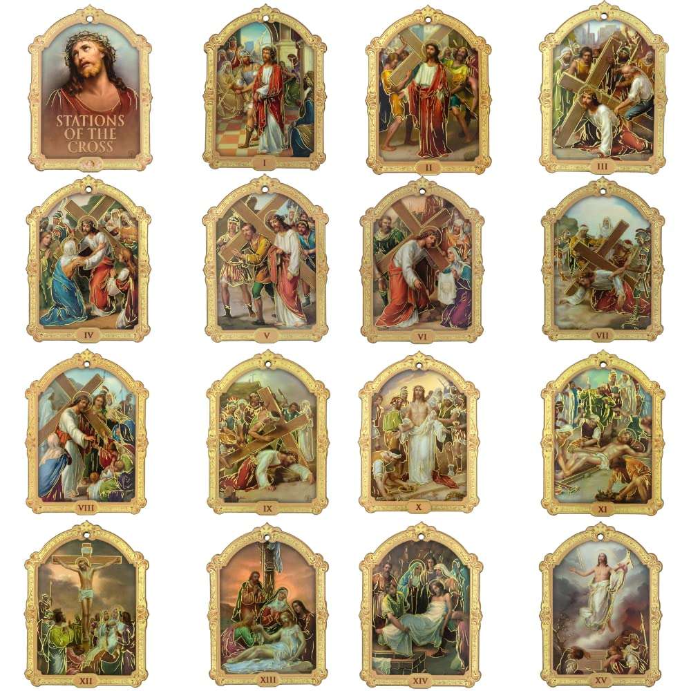 Stations of The Cross Plaques | 3.75" Tall | Lenton Decor and Devotional | Catholic Christian Classrooms, Home, and Church | Includes 16 Plaques Depicting the Crucifixion and Resurrection of Jesus 1