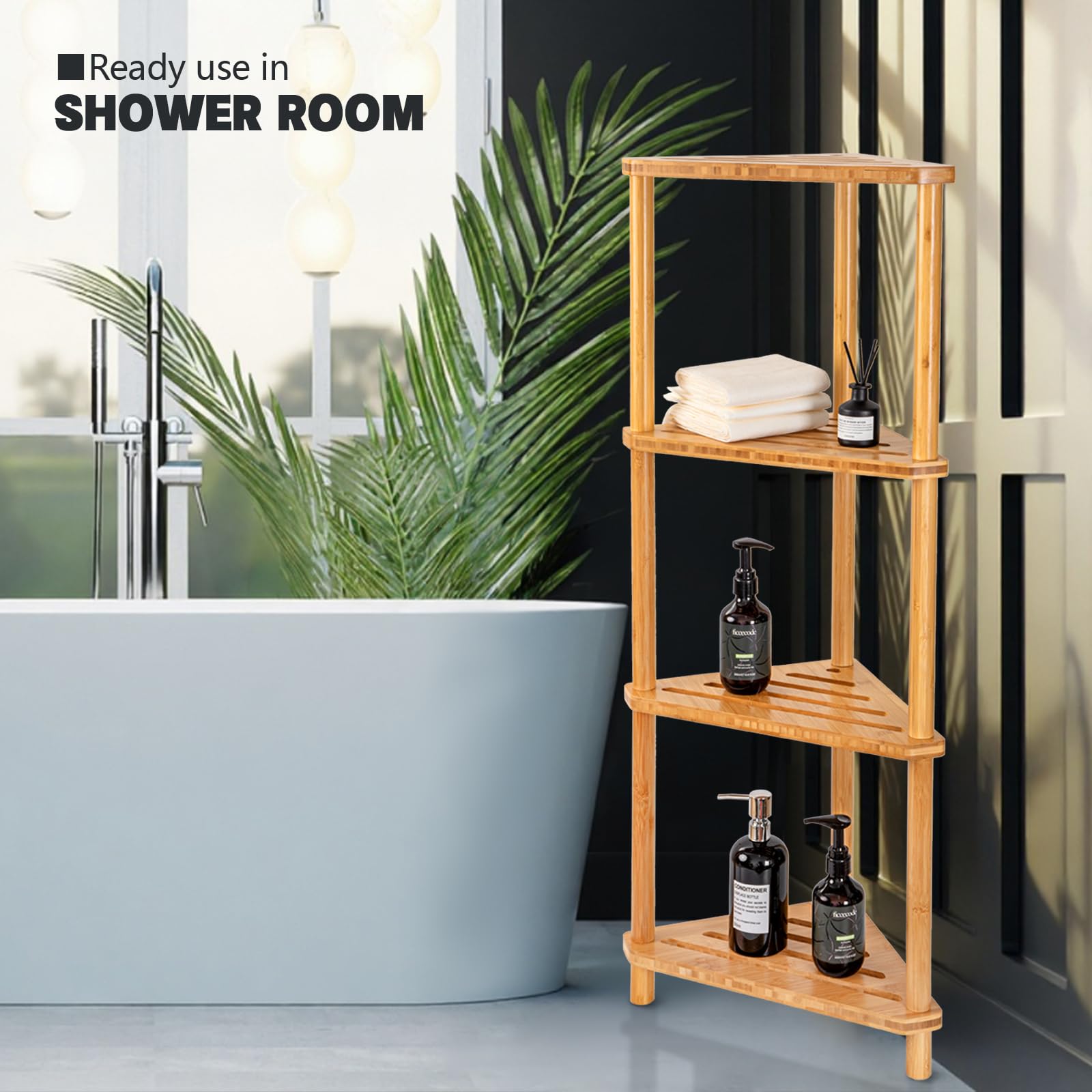 GUGIGP 4-Tier Corner Shower Caddy Stand Bamboo,Standing Corner Shower Shelf,Shower Organizer,Shower Storage Shlves,Waterproof & Durable,Space-Saving Design for Bathroom Kitchen or Living Room 5