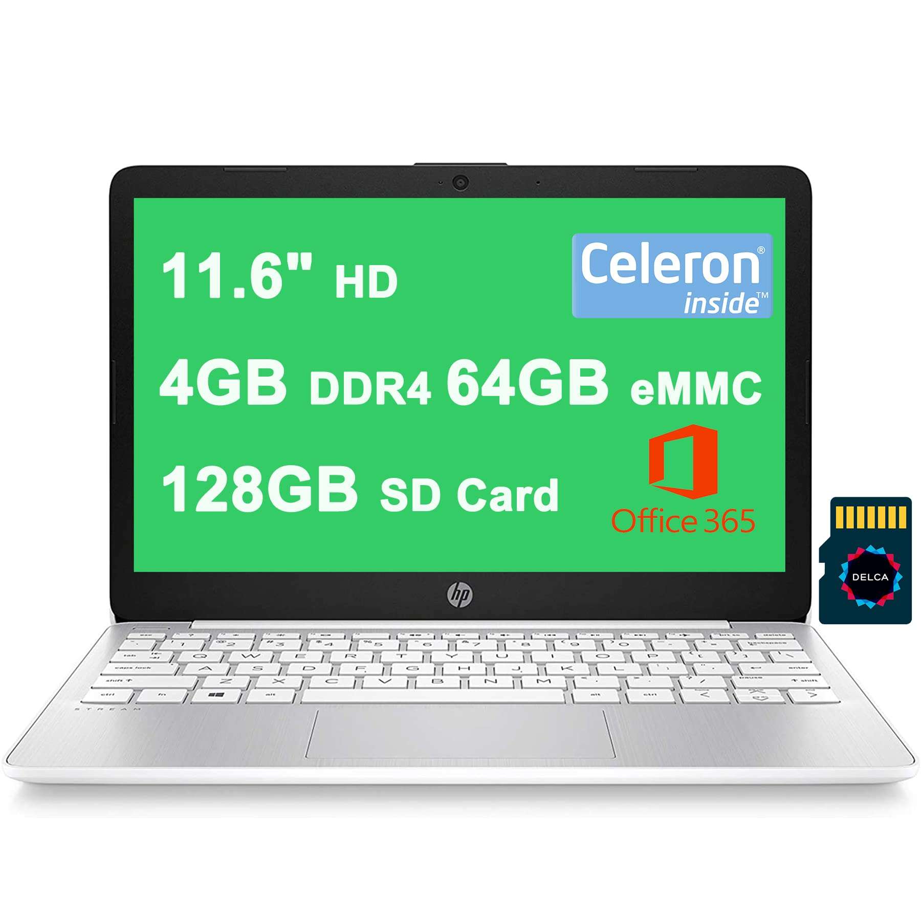 HP Stream 11 Premium Laptop Computer I 11.6" Diagonal HD SVA Anti-Glare Display I Intel Celeron N4000 I 4GB DDR4 64GB eMMC + 128GB SD Card I USB-C Office365 Win10 White + 32GB MicroSD Card 1