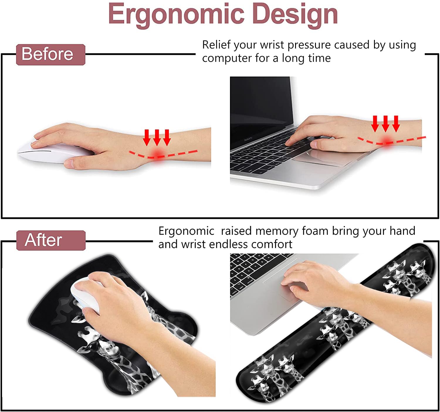 Rectangular Mouse Pad Wrist Protector-Printed with Cool Giraffes, Ergonomically Non-Slip Rubber Comfortable Computer Keyboard Wrist Rest Desktop Decoration Office Accessories Computer Mouse Desk Pad 5