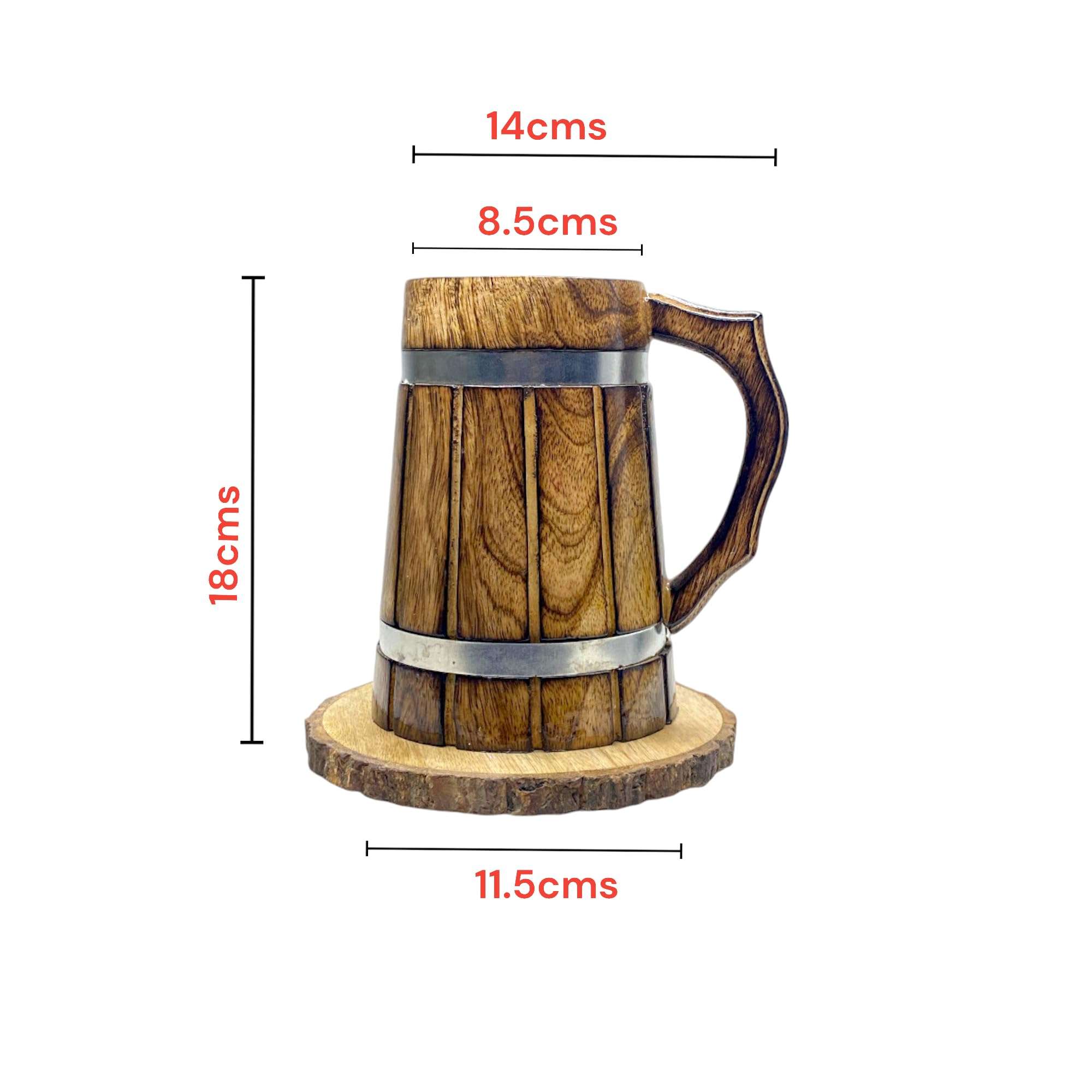 POSHIO Wooden Beer Mugs (600Ml, 6Pcs) with Tree Bark Coasters | Barrel Shaped Beer Mugs Wooden | Mugs for Cocktail Parties - Sturdy Finish | Gift Item Barware 3