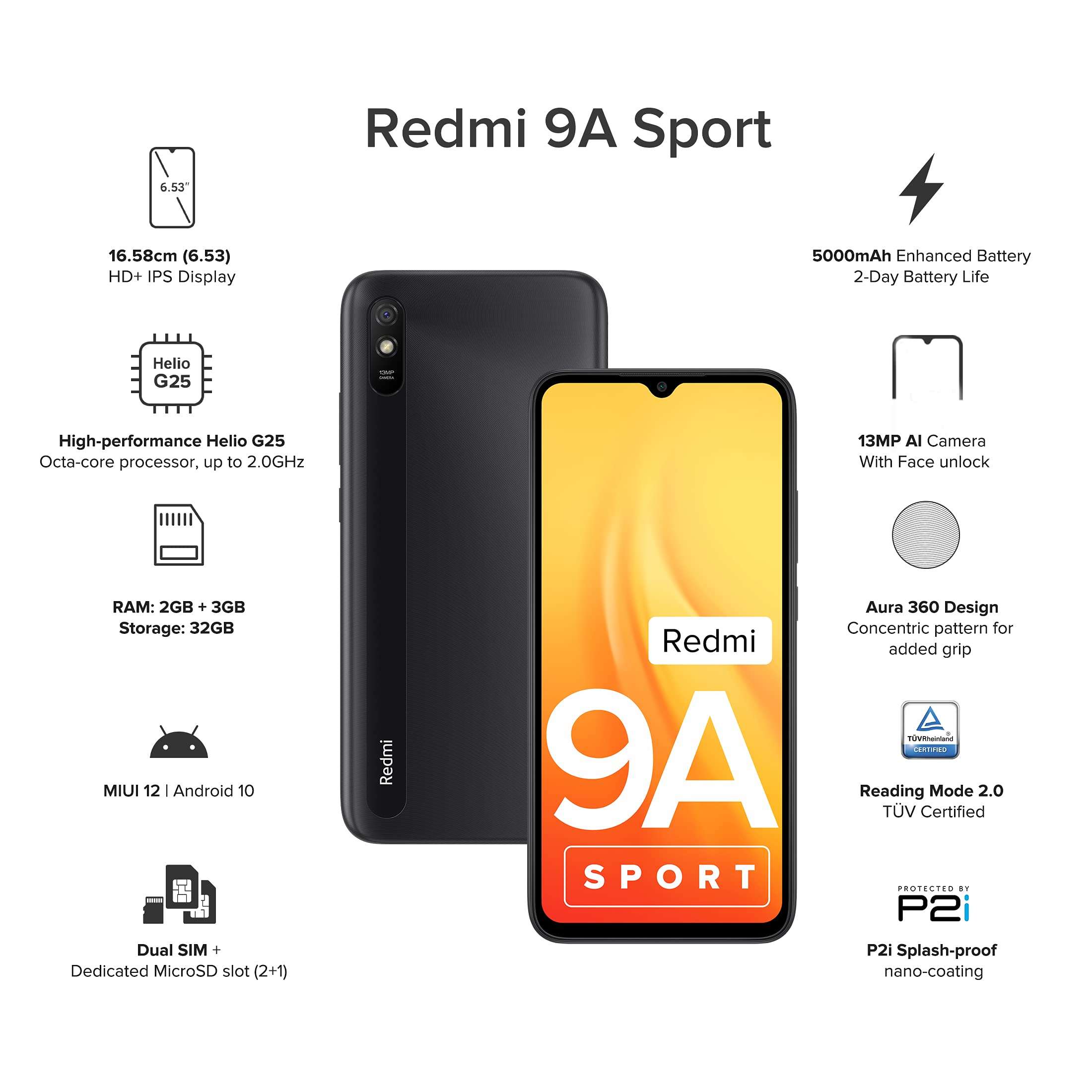 Redmi 9A Sport (Carbon Black, 2GB RAM, 32GB Storage) | 2GHz Octa-core Helio G25 Processor | 5000 mAh Battery 2