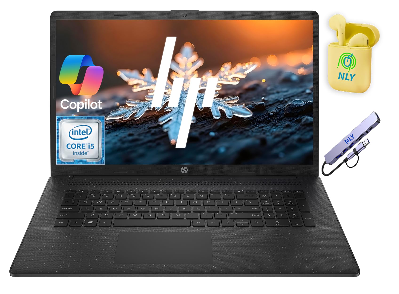 HP 17.3" Business Laptop Computer, Intel 10-Core i5 Processor, Windows 11 Laptop with AI Copilot Ready, 16GB RAM 512GB Storage (256GB SSD+256GB Docking Set), NLY Earphones, Jet Black