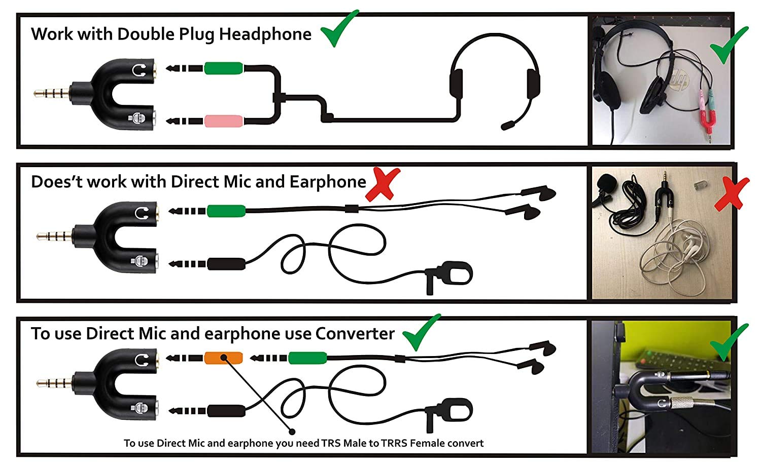 Generic Audio Jack Headphones with mic, 3.5 mm Jack Splitter 2 Male 1 Female (U-Shape) (1 Peace) (Assorted Colour) 3