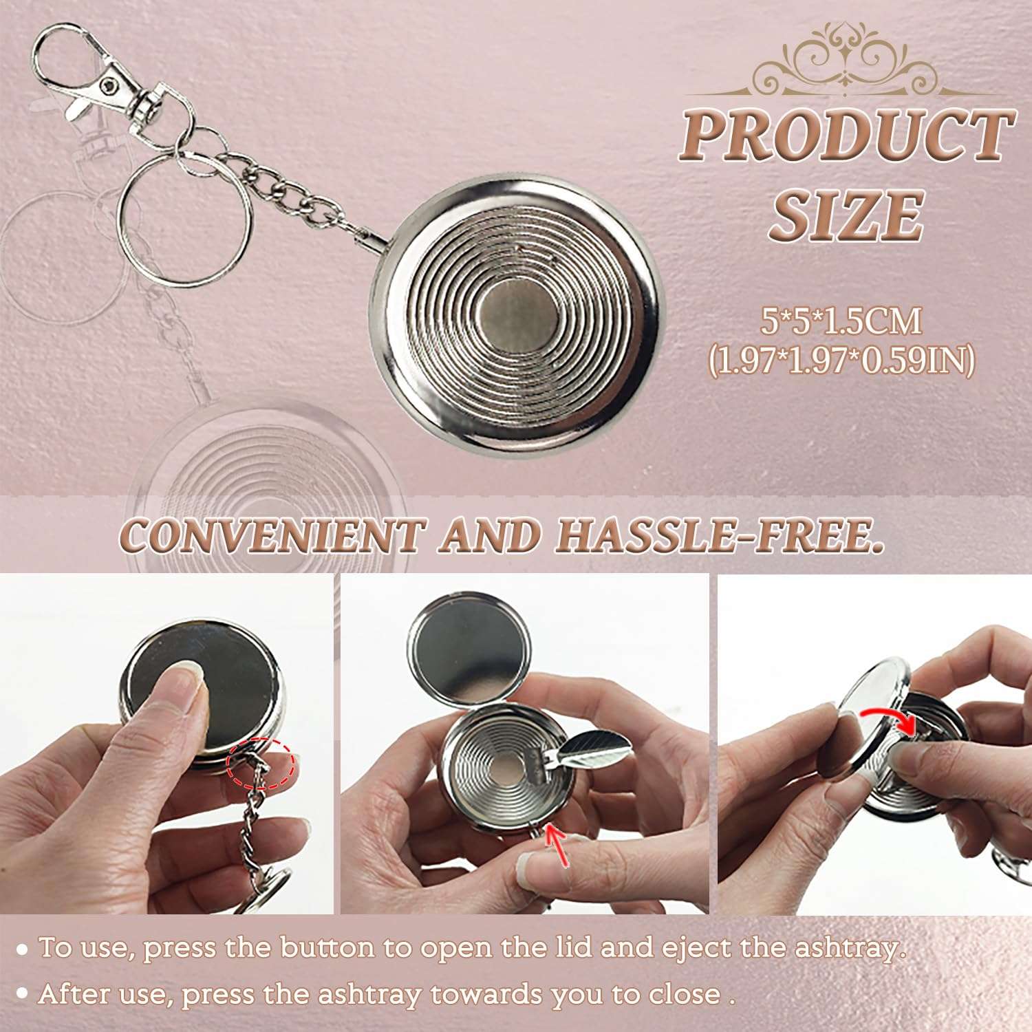 BOROLA Portable Mini Metal Ashtray with Keychain, Pop-Up Design Stainless Steel Pocket Ashtray with Lid and Cigarette Snuffer, Compact Travel Ash Holder for Outdoor, Car and Home Use 3