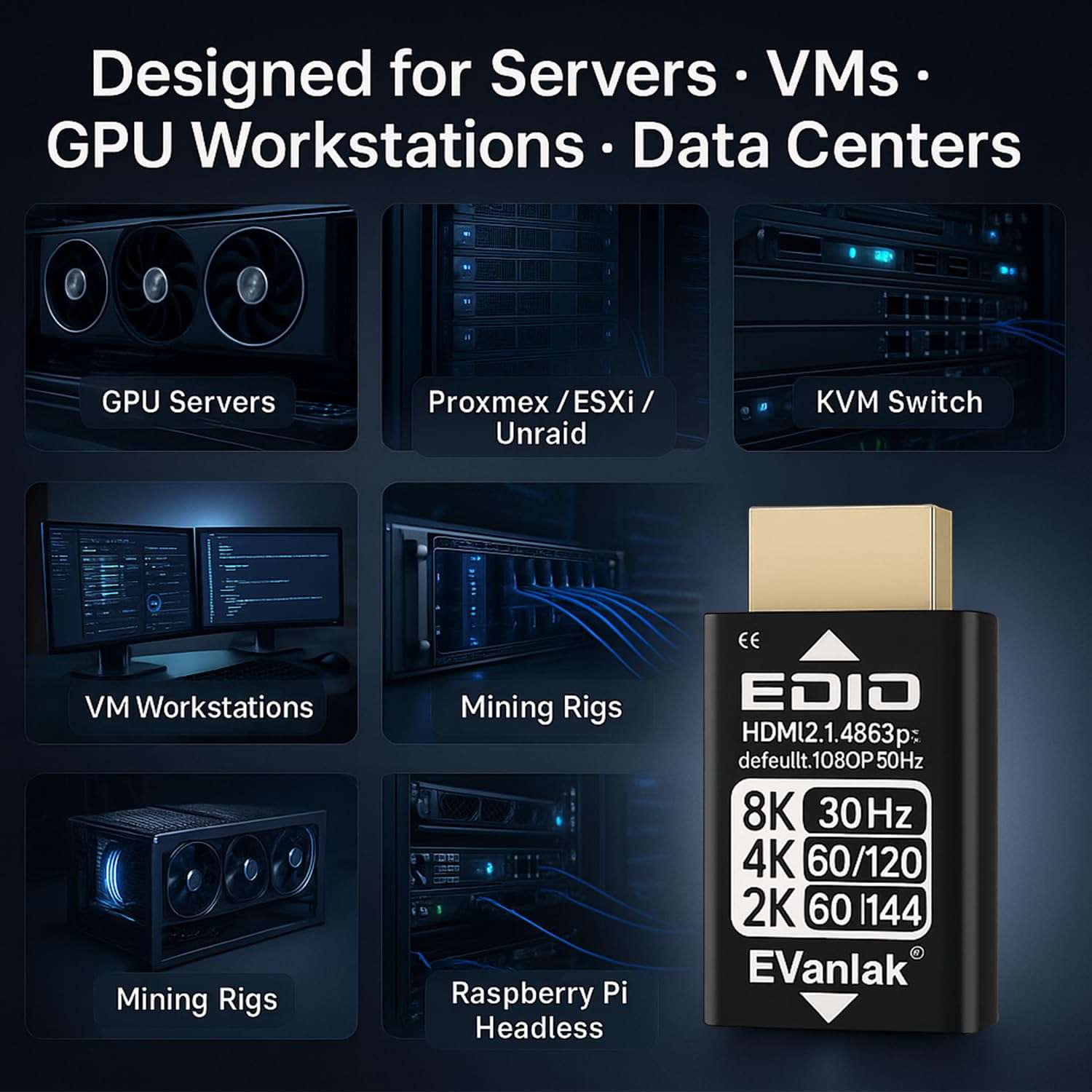 EVanlak 8K 30Hz HDMI Dummy Plug, 4K EDID Emulator Virtual Display Adapter, Headless Ghost HDMI 2.1 Emulator Supports 8K@30Hz / 4K@120Hz / 1440p@144Hz / 1080p@144Hz, Plug & Play Gold Dongle (1-Pack) 4