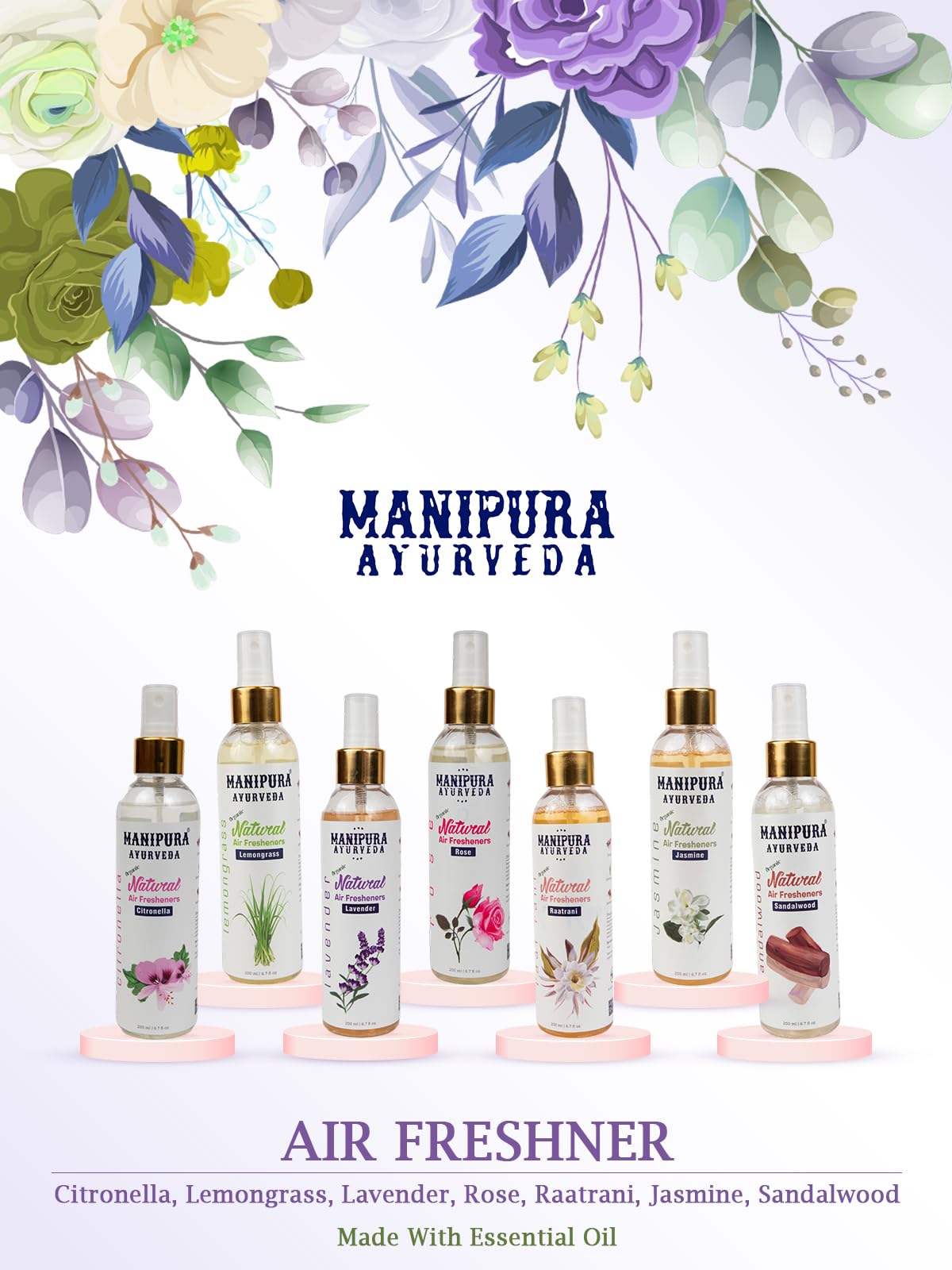 MANIPURA AYURVEDA Air Freshener Combo Pack – Lemongrass, Sandalwood & Jasmine | 200 ml Each | With Essential Oils | For Room, Office & Car 6