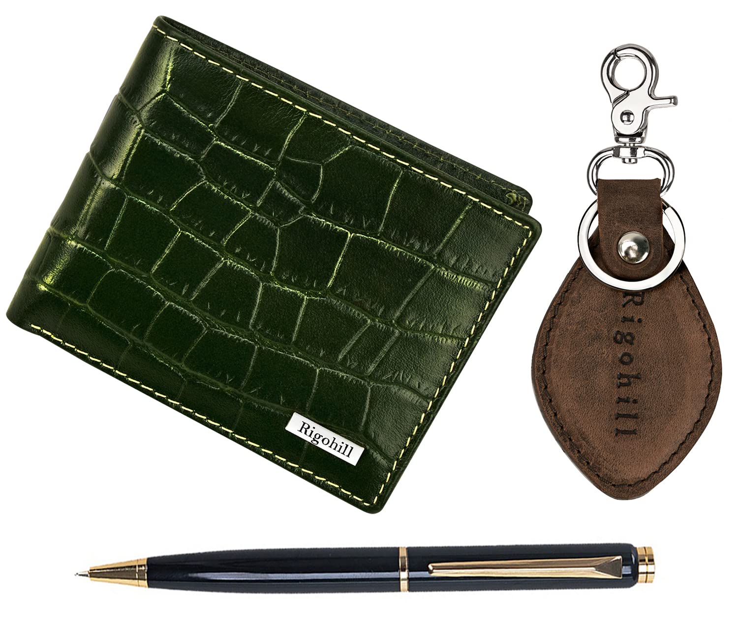 Rigohill Martin Green Leather Wallets for Men, Keyring & Pen Combo Gift Set for Men | Wallet Men Leather Branded 1