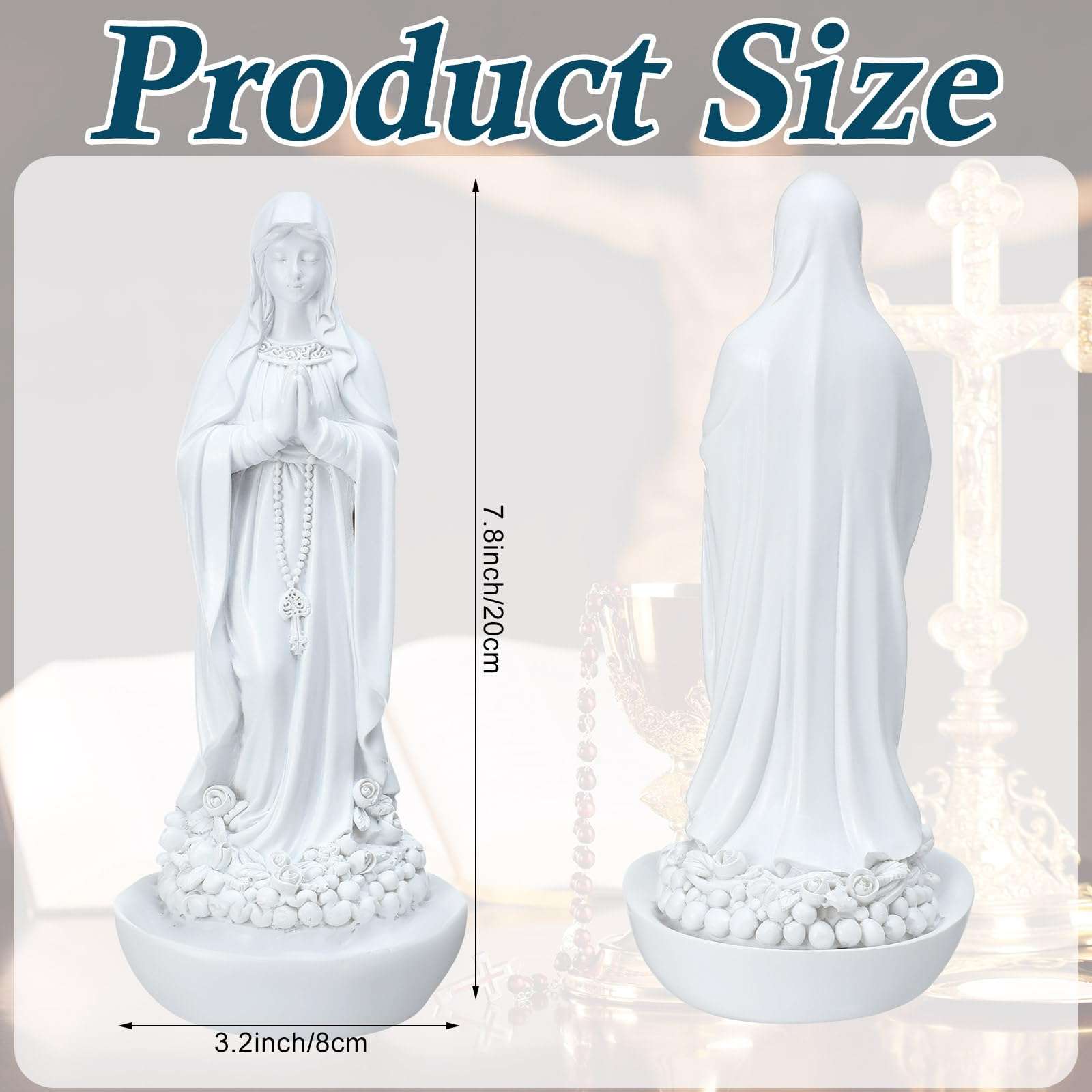Wonderjune Our Lady of Lourdes Statue Figurine 8'' Bright Ivory Virgin Mary Statue Blessed Catholic Mother Mary Garden Statue Resin Stone Tabletop Rosary Holder Home Office Religious Gifts Decor 3
