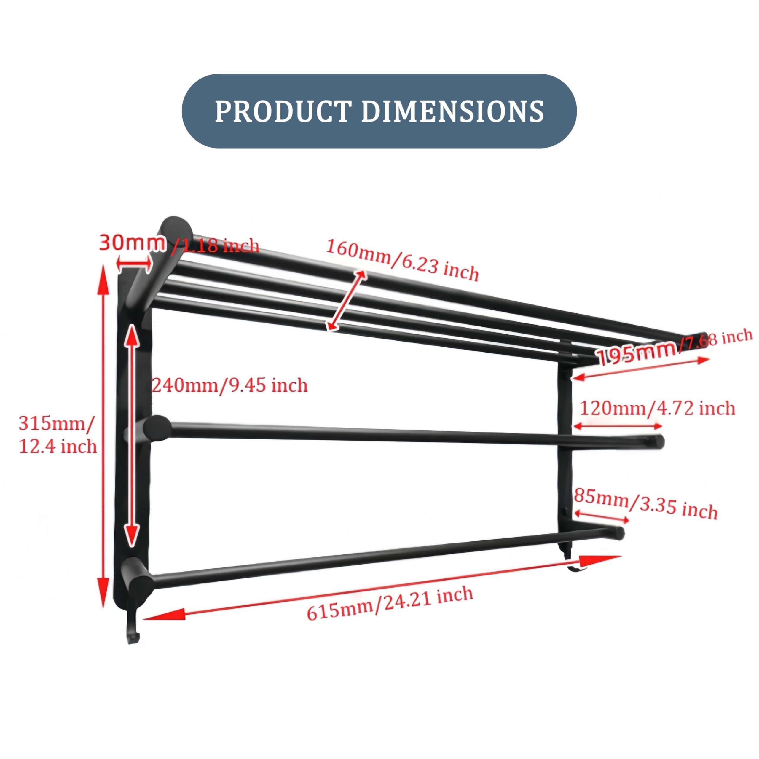 SEIDO 24 Inch 3-Tier Towel Rack, Rustproof 304 Stainless Steel Wall Mounted Shelf with Double Towel Bars & Hooks, Heavy Duty Space-Saver for Bathroom, Kitchen, RV - Matte Black 6