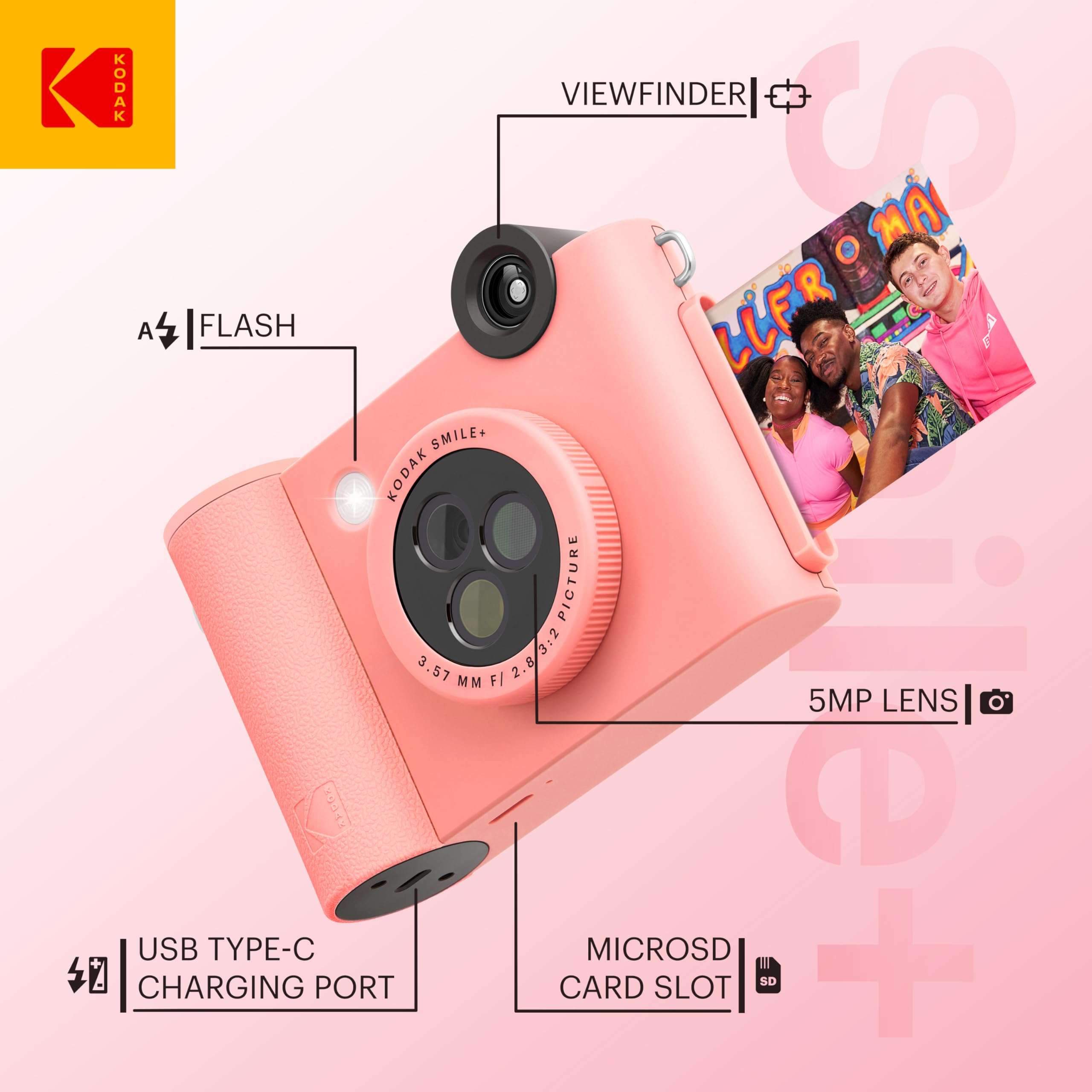 KODAK Smile+ 2-in-1 Digital Instant Print Camera & Wireless Bluetooth Photo Printer Starter Bundle + Carrying Case + Zink 20pk Sticky-Back Photo Paper - 10MP, Special-Effect Rotating Lens - Pink 3