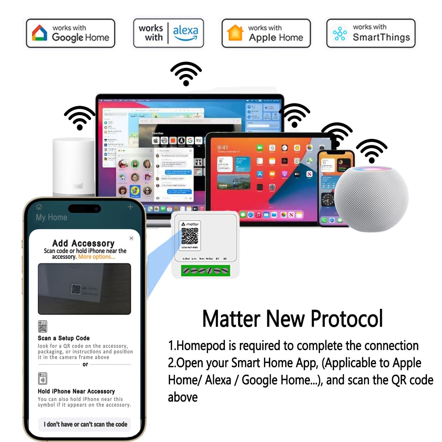 Matter Mini Smart Switch 16A DIY WiFi Relay Module, Wireless Light Switch Voice Controller with Timer and Schedule for Home Automation, Works with Apple Homekit & Google Home & Alexa (Matter Relay) 3