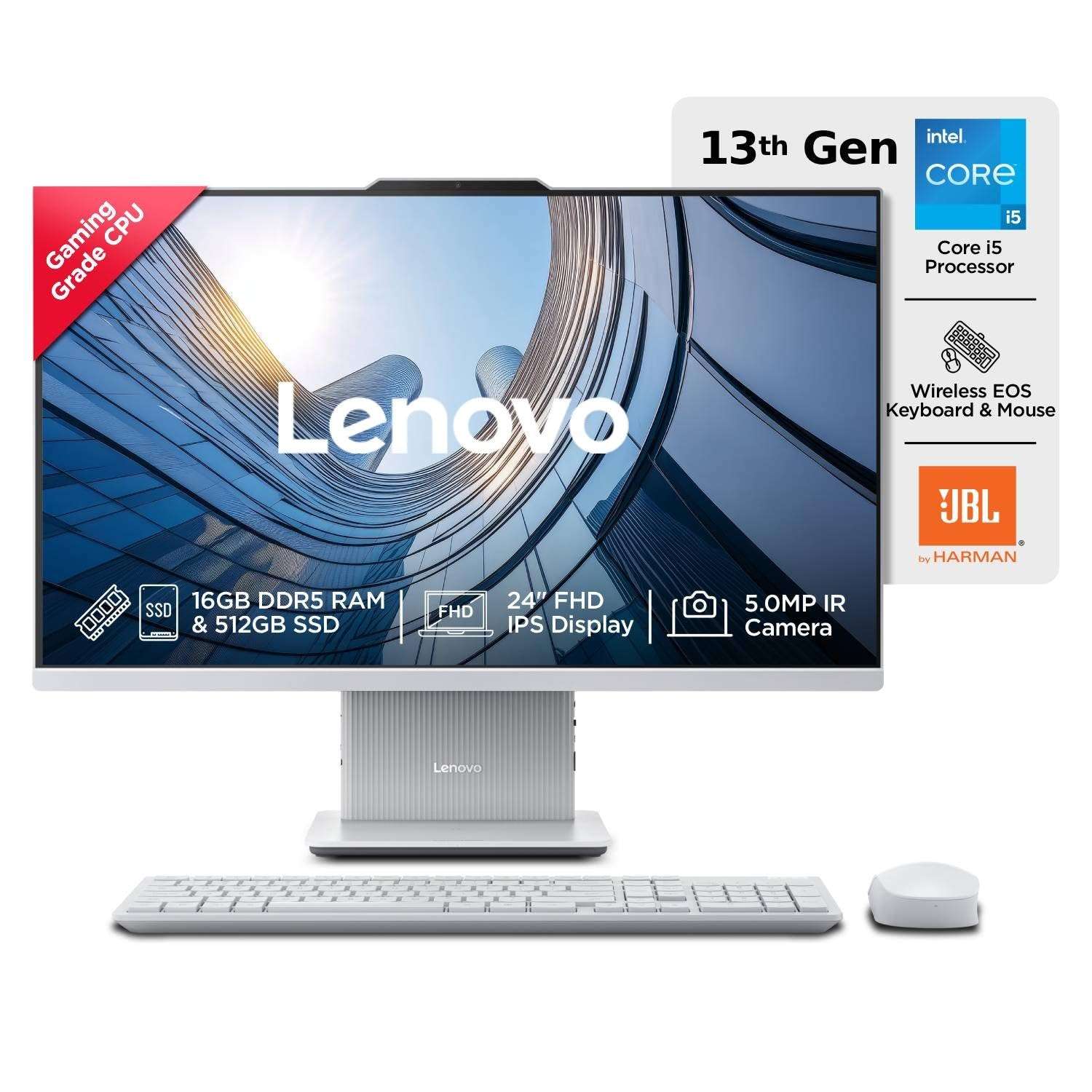 Lenovo IdeaCentre AIO 13th Gen Core™ i5-13420H 24" FHD IPS (16GB RAM/512GB SSD/Windows11/Office 24/3Wx2 Harman Speakers/Wireless EOS Keyboard & Mouse, Cloud Grey), F0HN00PHIN All-in-One Desktop 1