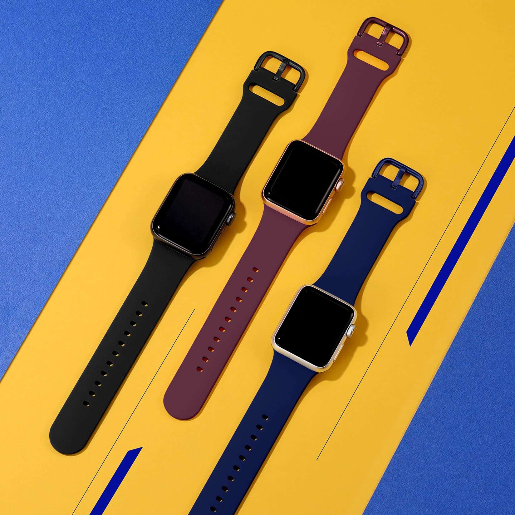 Maledan Compatible with 38mm Apple Watch Band 40mm Women Men, 3 Pack Stylish Silicone Sport Bands Wristbands Replacement Strap for 42mm 44mm Apple Watch SE Series 6 5 4 3 2 1, Black/Wine/Blue 2