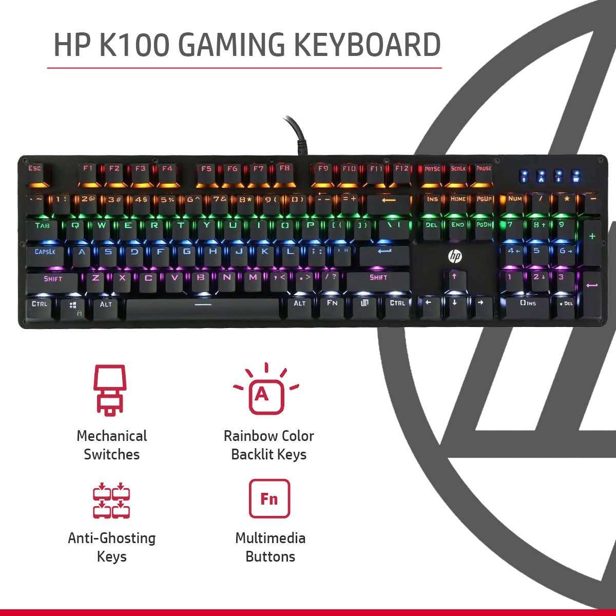 HP GK100 Wired Full Size RGM Backlit Mechanical Gaming Keyboard, 4 LED Indicators, Mechanical Switches,Double Injection Key Caps, and Window Key Lock, 3 Years Warranty (1D763AA) 2
