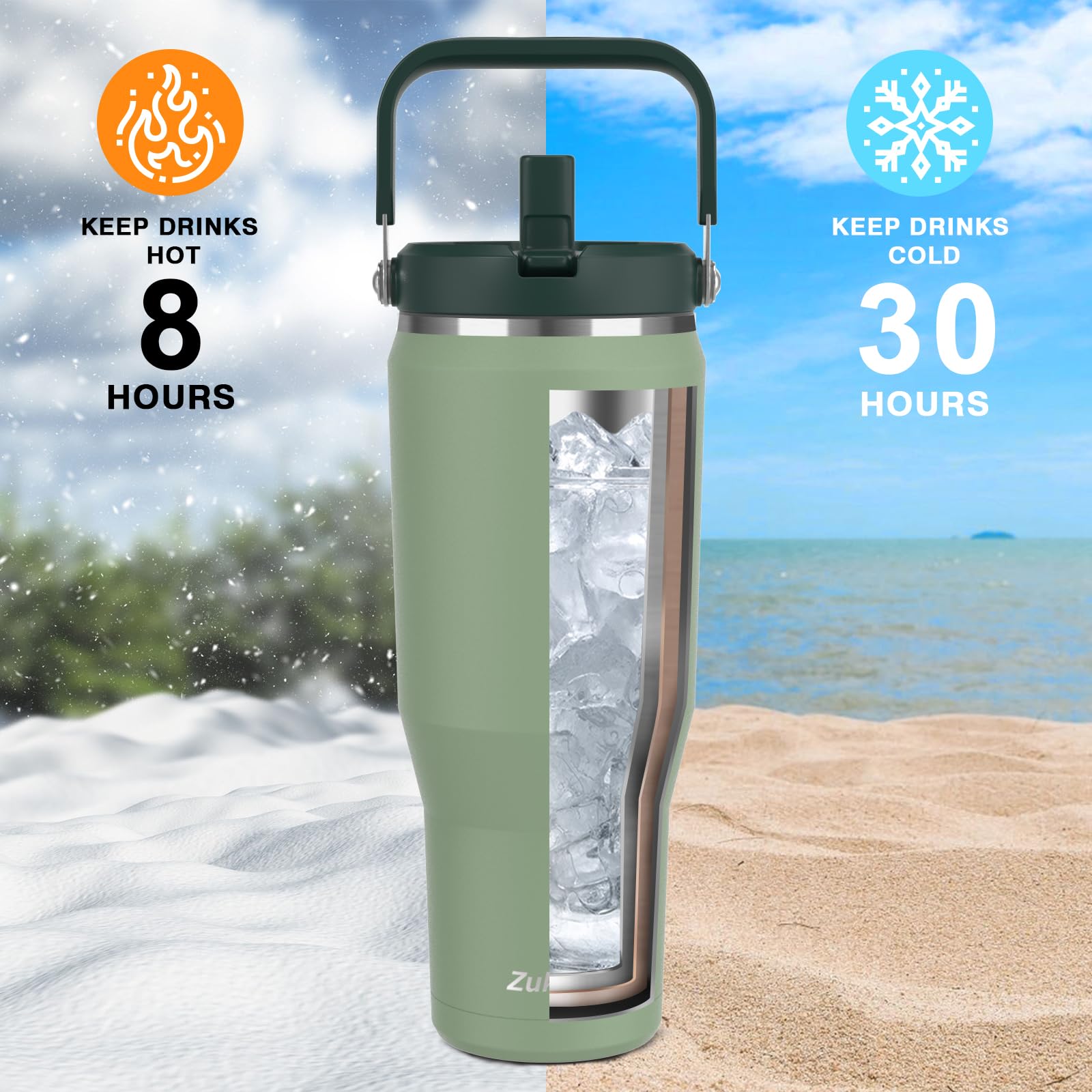 Zukro 50 OZ Tumbler With Flip Straw |Stainless Steel Water Jug With Top Handle For Gym, Outdoors, Car |Large Leak Proof Triple-wall Vacuum Insulated Water Bottle Keeps Cold 34 Hours & Easy Carry 3