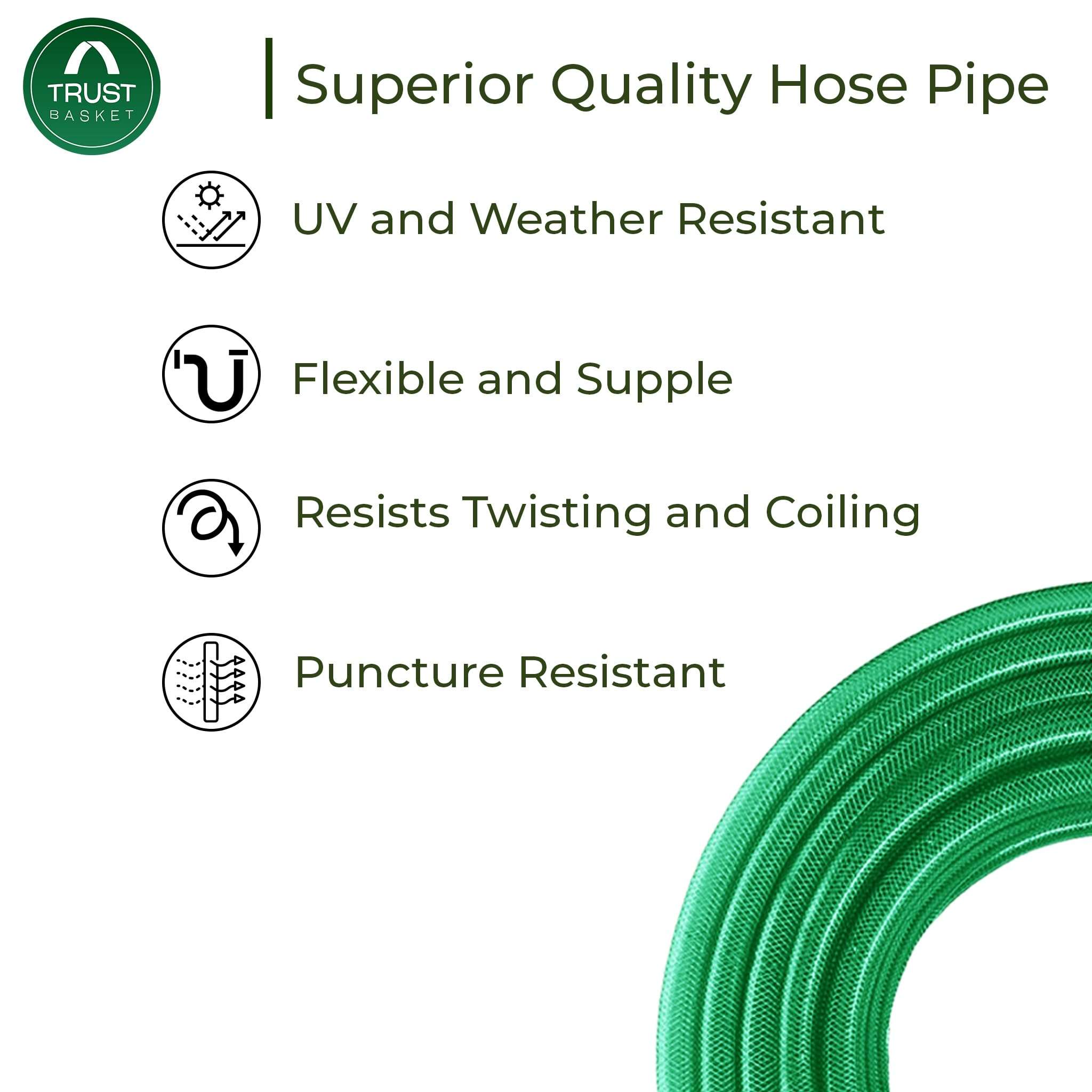 TrustBasket Heavy Duty Highly Durable PVC Plain Green Braided Water Hose Pipe (15 Meter) with 7 Pattern Sprayer Gun & 3 Clamps (1/2 inch Pipe) - Easy to Connect for Home Gardening, Lawn, Car Wash 5