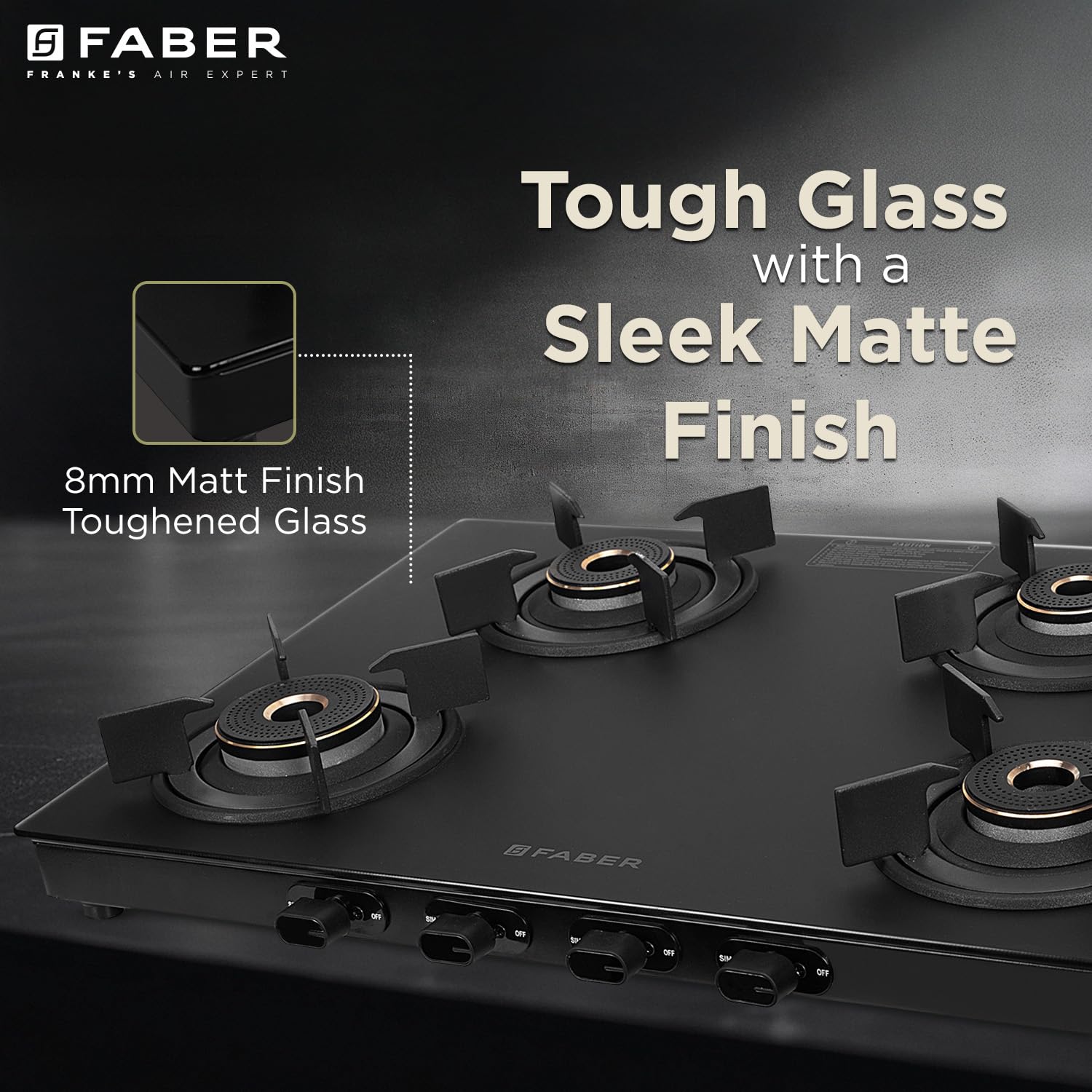 Faber Nebula Black Matt Finish Cooktop |4 Brass Burners - Jumbo, 2 Medium & Small | Manual Ignition| Heavy Pan Support with ABS Knobs| 5Yr Warranty on Glass & Burners by Faber|Cooktop Nebula4BB BK 3