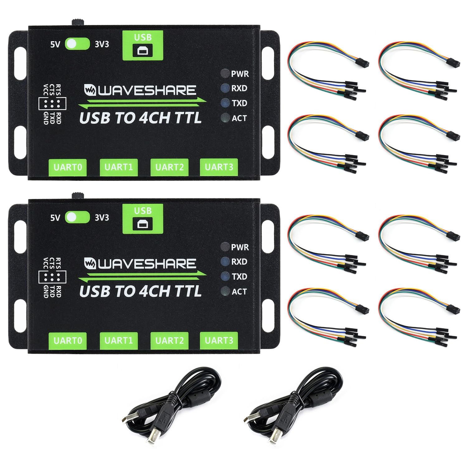Waveshare 2PCS Industrial USB to 4CH TTL Converter USB to UART with Multi Protection Circuits Multi Systems Support