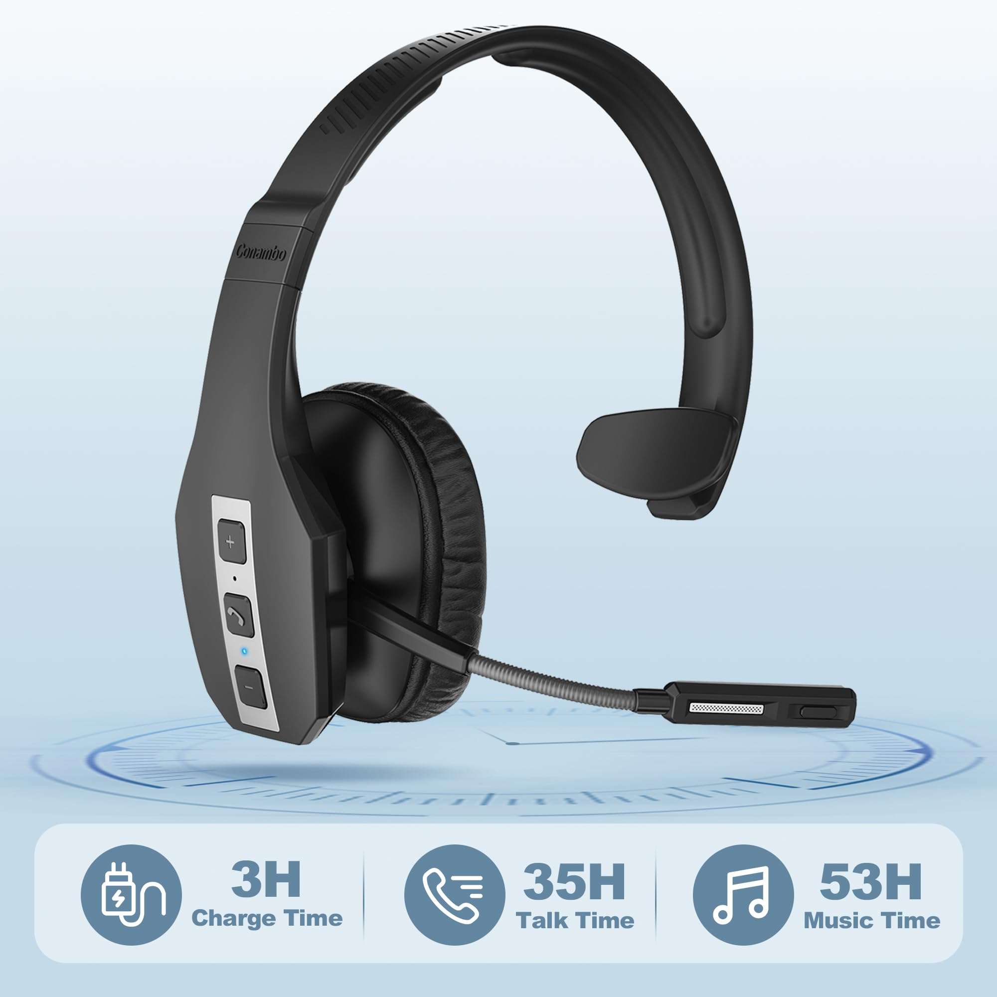 Conambo JBT600 Trucker Bluetooth Headset with Tri-Mic Noise Cancelling, CVC 8.0, Mute Button & 60Hrs Battery Life – Wireless Headset for Truck Drivers, Cell Phones & Office Use 3