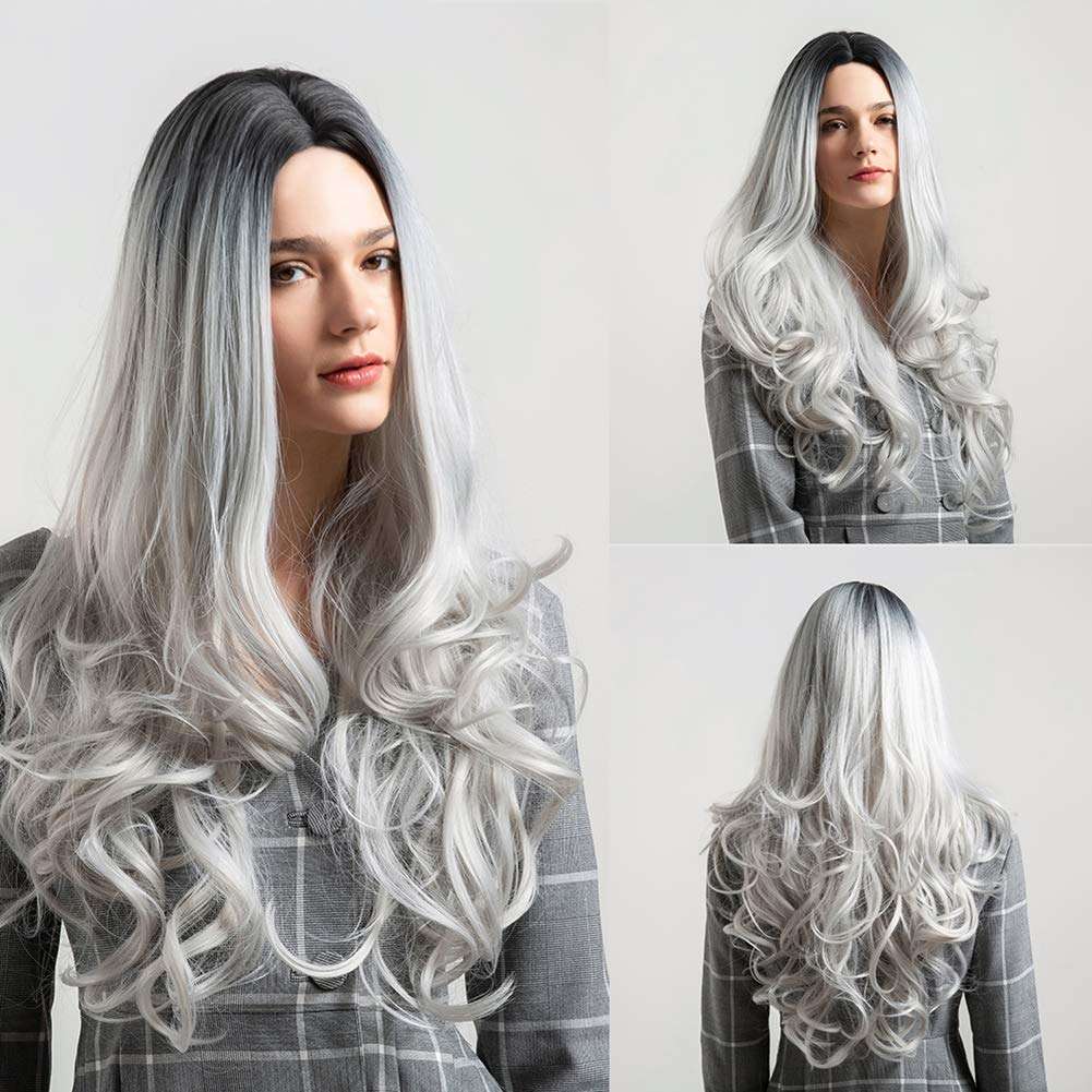 Black Grey Gradient Long Curly Faux Hair Wig Women Party Cosplay Hairpiece 1