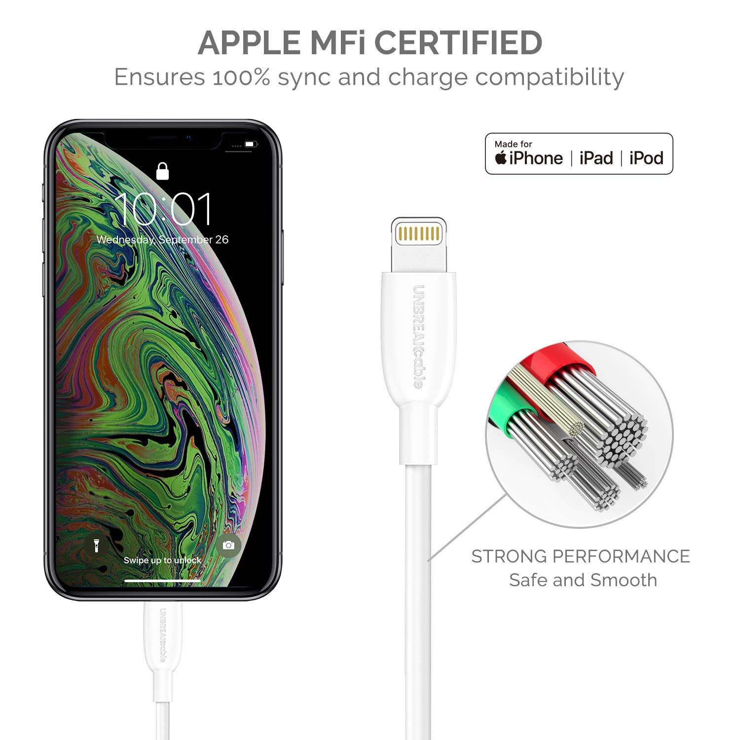 UNBREAKcable 3.3ft/1M iPhone Charger Cable - [Apple MFi Certified] Short Lightning Cable Fast USB Charging Cord for iPhone 14 13 12 11 Pro Max Mini XS XR X SE 8 7 6 Plus 6s 5 iPad iPod AirPods - White 3
