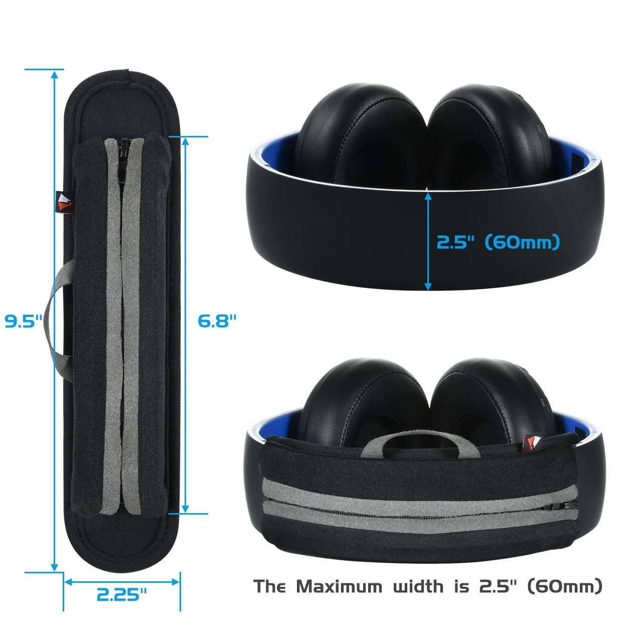 Large Sized Replacement Headband Cushion Pad Cover Head Band Protector with Zipper, Headband Cover Cushion Protector Pad for Headphones (Max for 2-1/2''W cushion pad, Black) 4