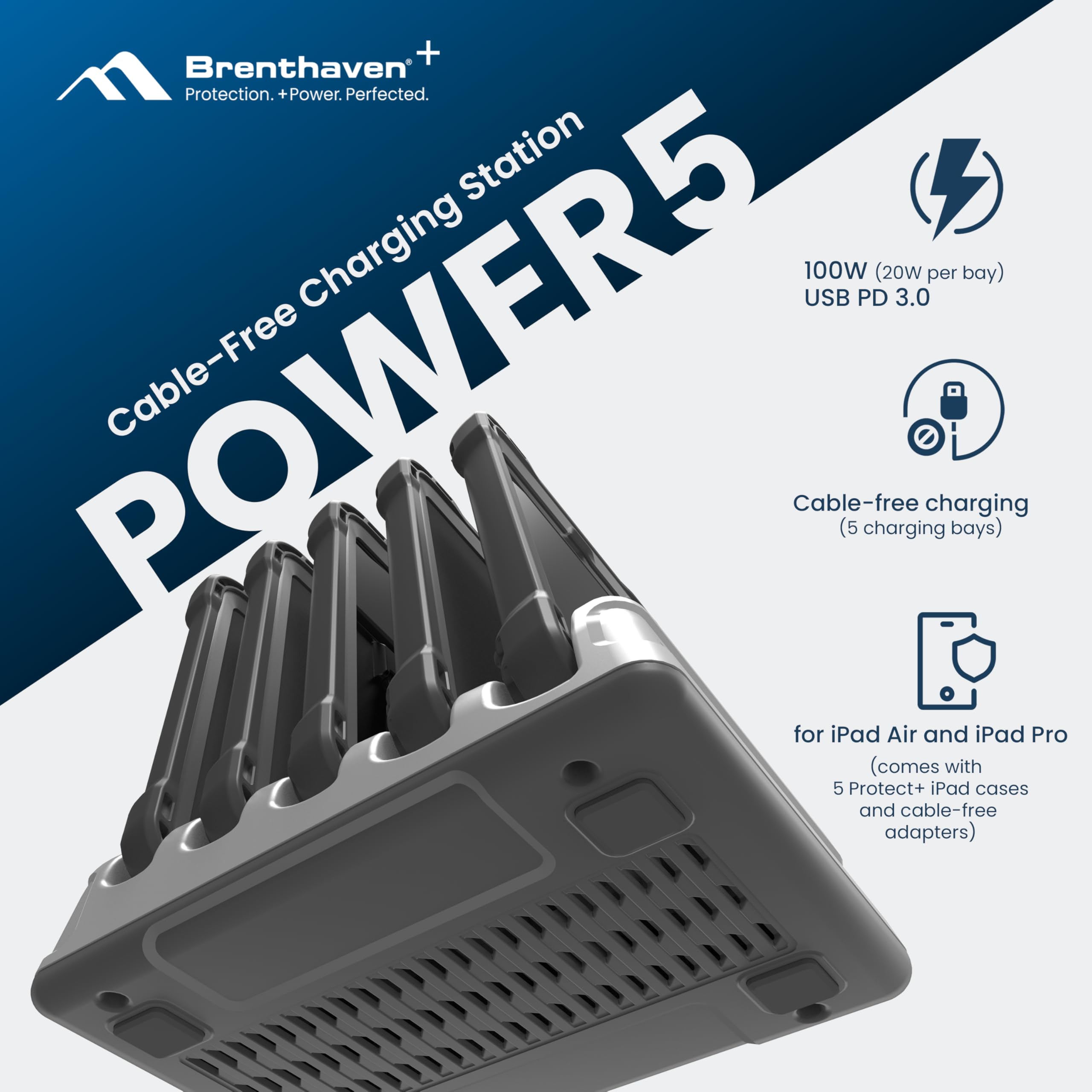 Brenthaven Power5 Cable-Free Charging Station Kit for iPad Air and iPad Pro – Power + Protection in One Includes Protect+ iPad Cases & Cable-Free Adapters, 100W Fast Charger for Multiple Devices 3