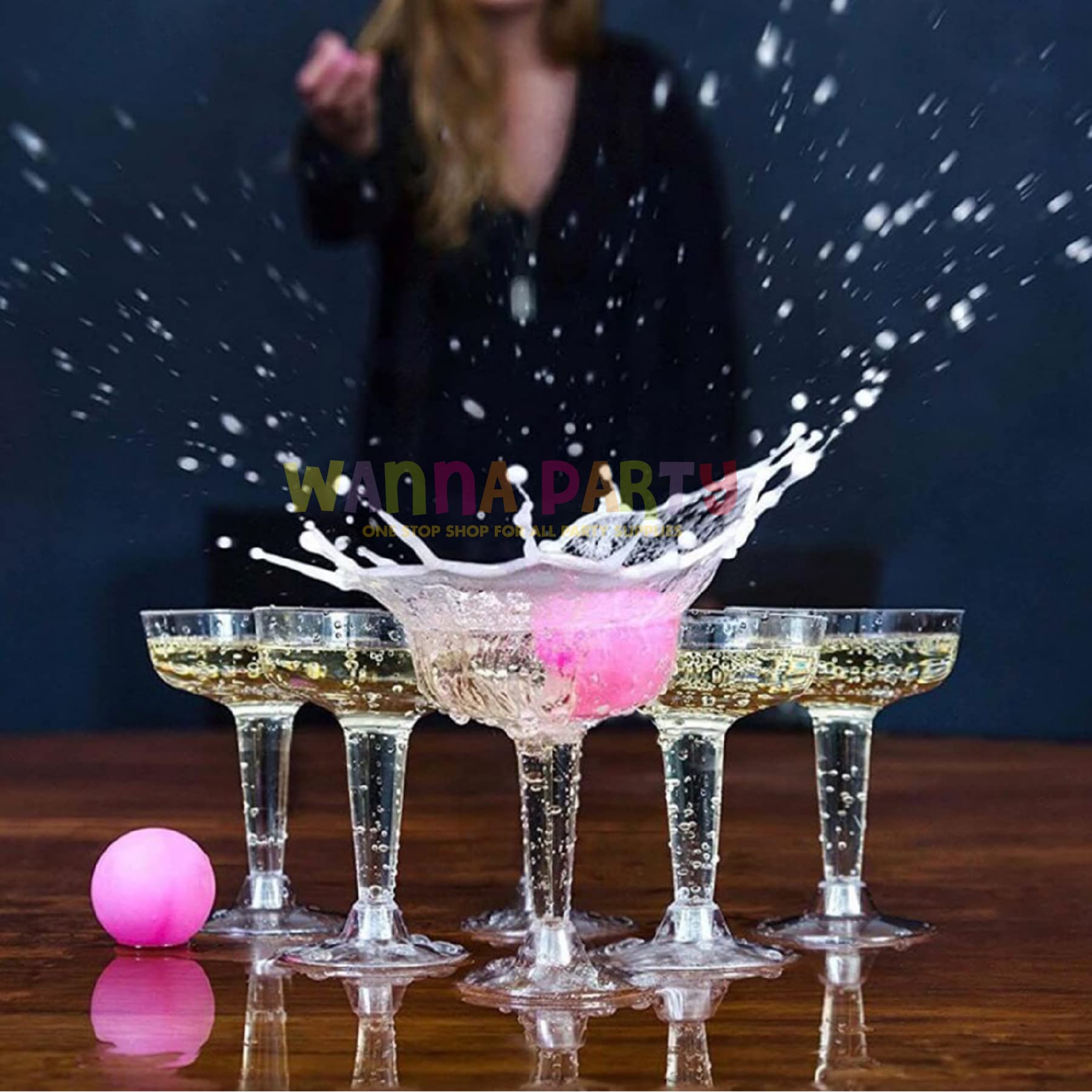 Wanna Party Prosecco Pong Classic Party Game containing Prosecco Glasses and 3 Pink Pong Balls for Weddings, Birthdays, House Party, Girls Night Out Party 5
