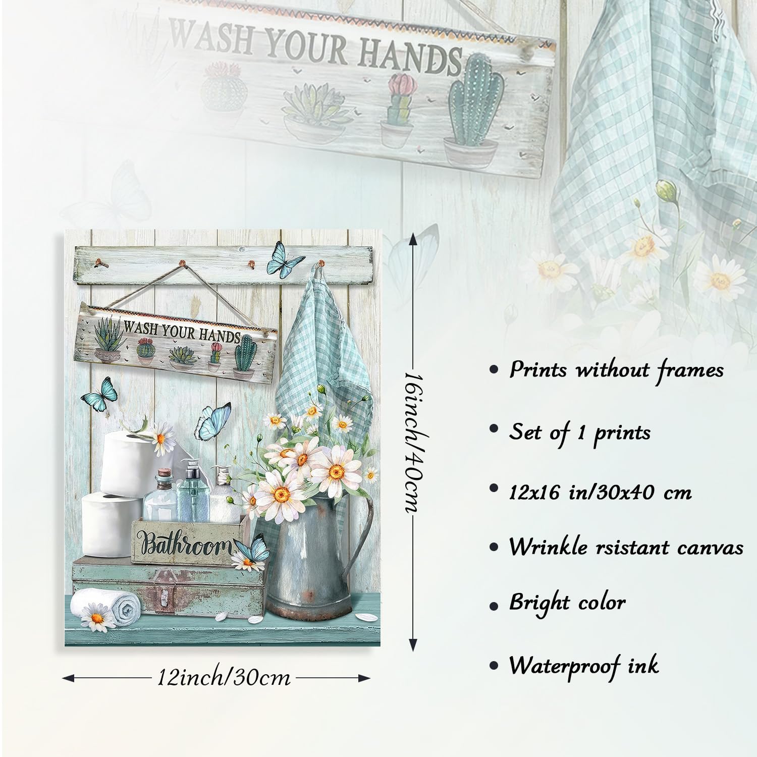 Dazzlewall Farmhouse Bathroom Decor Wall Art Rustic Teal Flower and Butterfly Pictures Wash Your Hands Sign Artwork for Bathroom 12x16 in Unframed 6