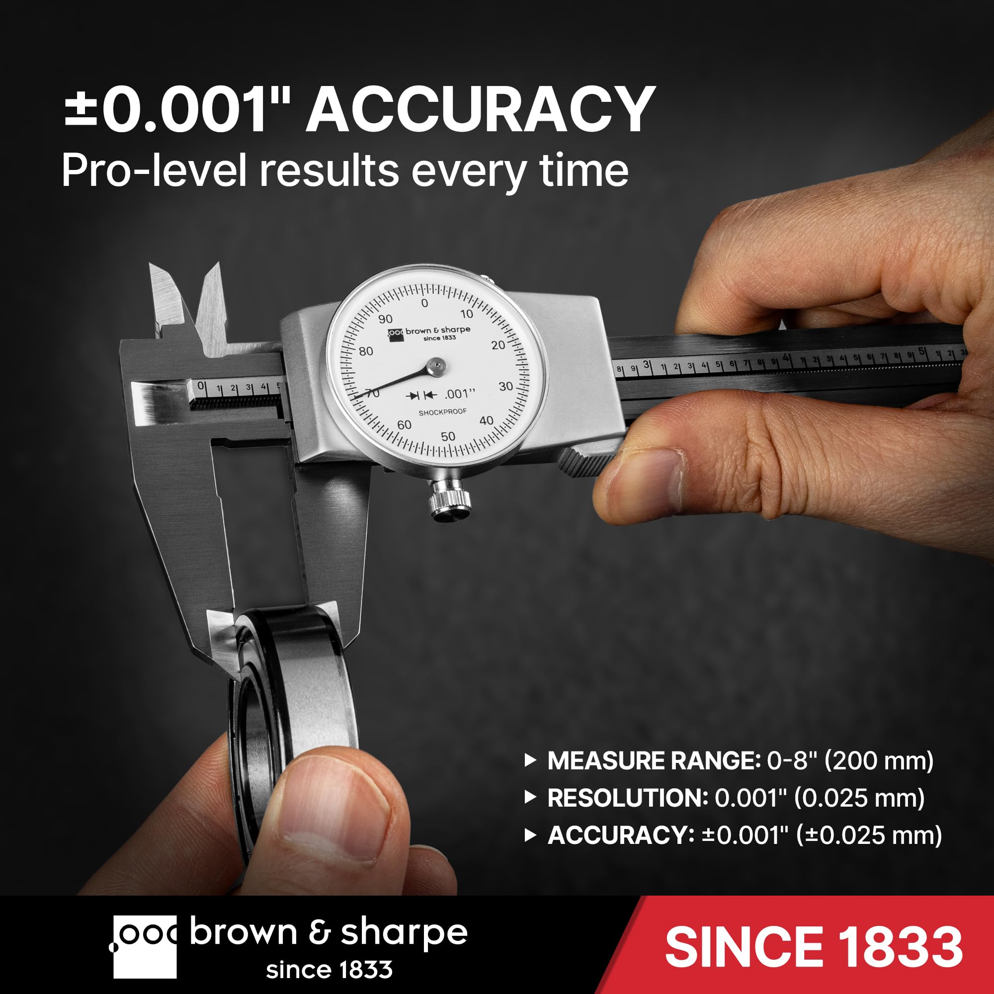Brown & Sharpe 8-Inch Dial Caliper – Precision Stainless Steel Measuring Tool, White Dial, 0.001" Resolution, Hardened Construction, Shockproof Movement. 4