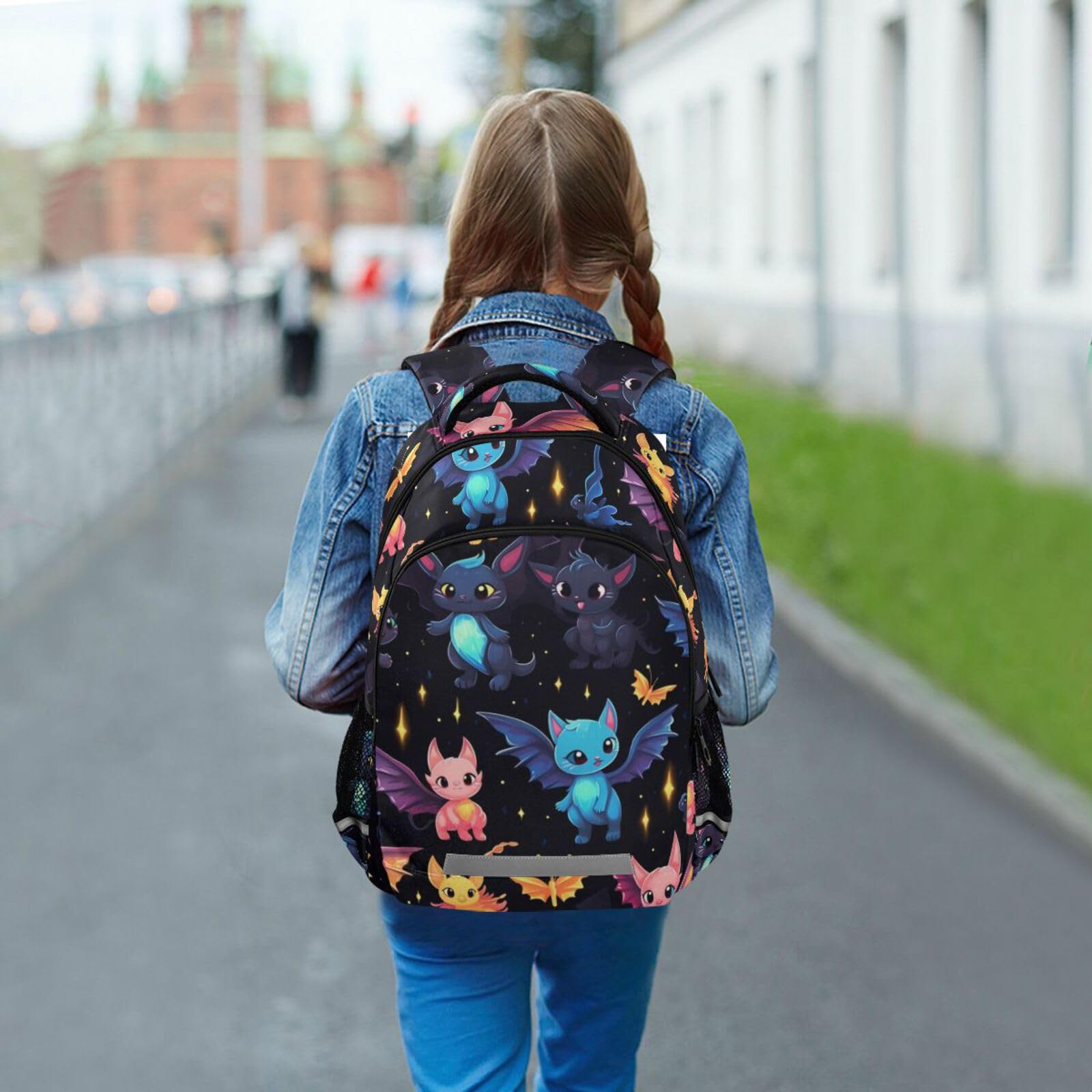 Cat Backpack for Students Boys Girls Blue Pink Cat Bat School Bag Travel Daypack Rucksack 4