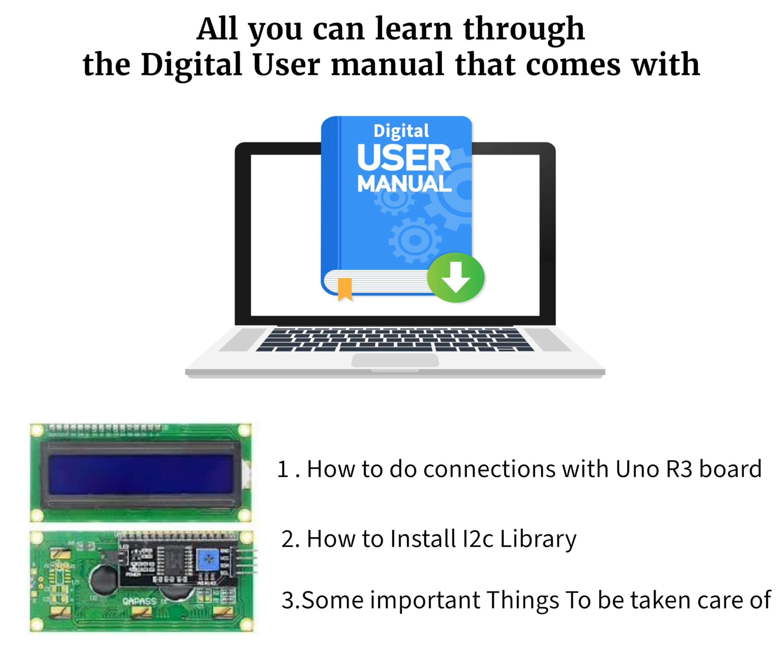 PAGALCODER | 16x2 LCD Display with I2C Module | Compatatable with Arduno UNO, MEGA, Nanao/Raspbery Pii | With 4 Connecting Jumper Wires & Digital User Guide For Begineers 5